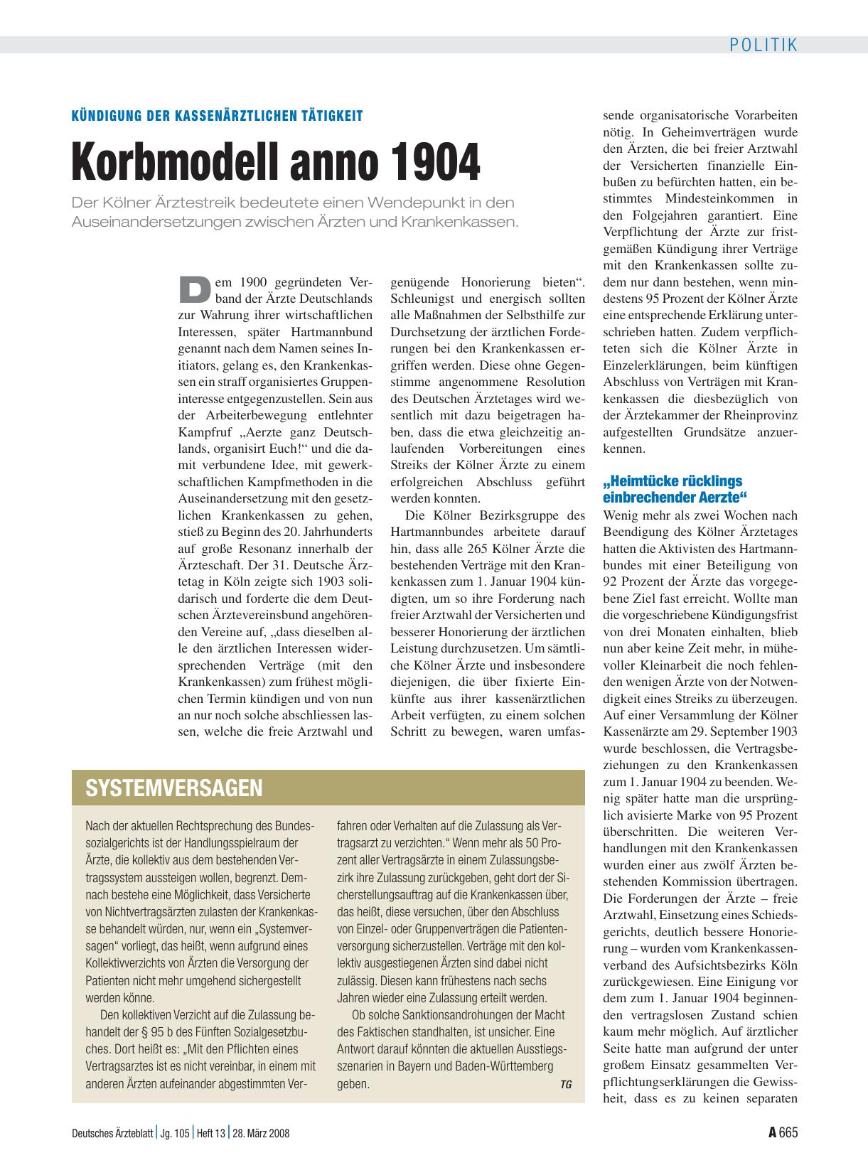 Vorschauseite 1: Kündigung der kassenärztlichen Tätigkeit: Korbmodell anno 1904