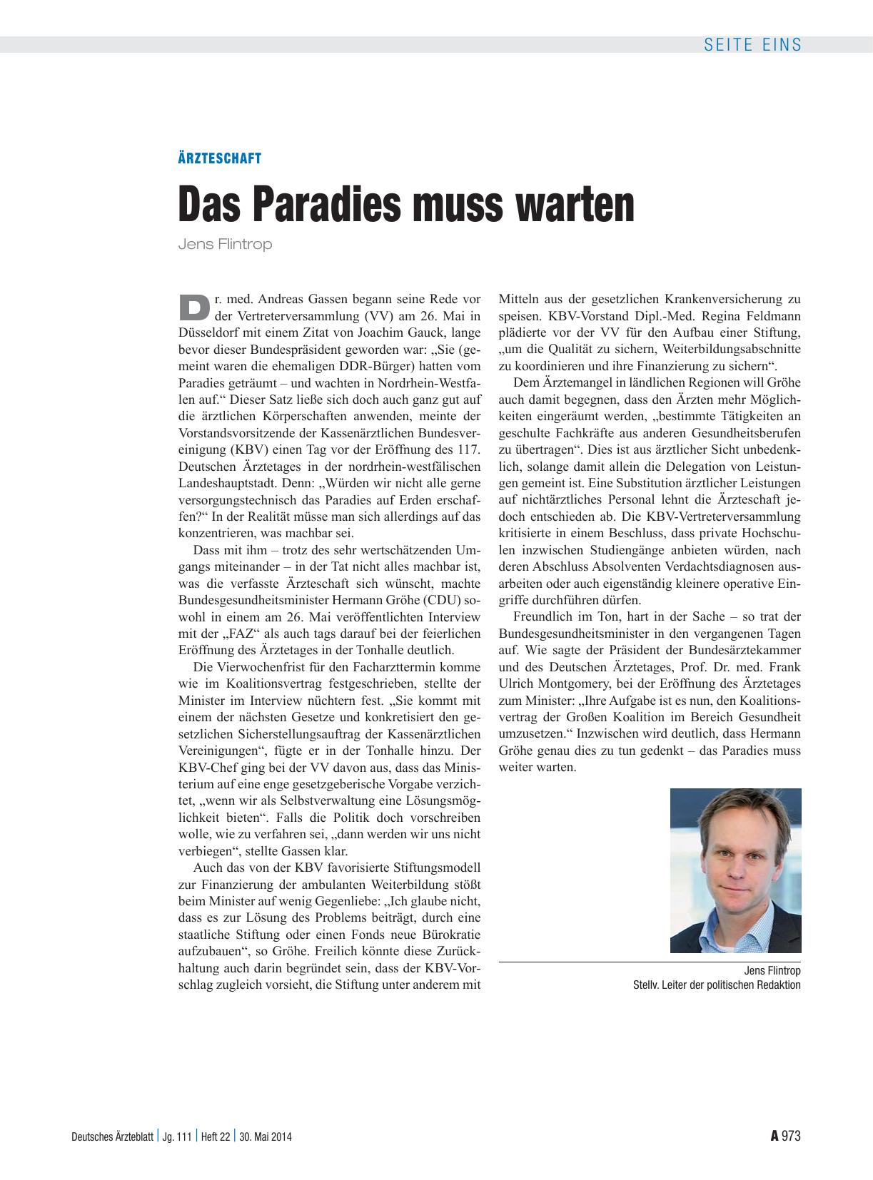 Vorschauseite 1: Ärzteschaft: Das Paradies muss warten