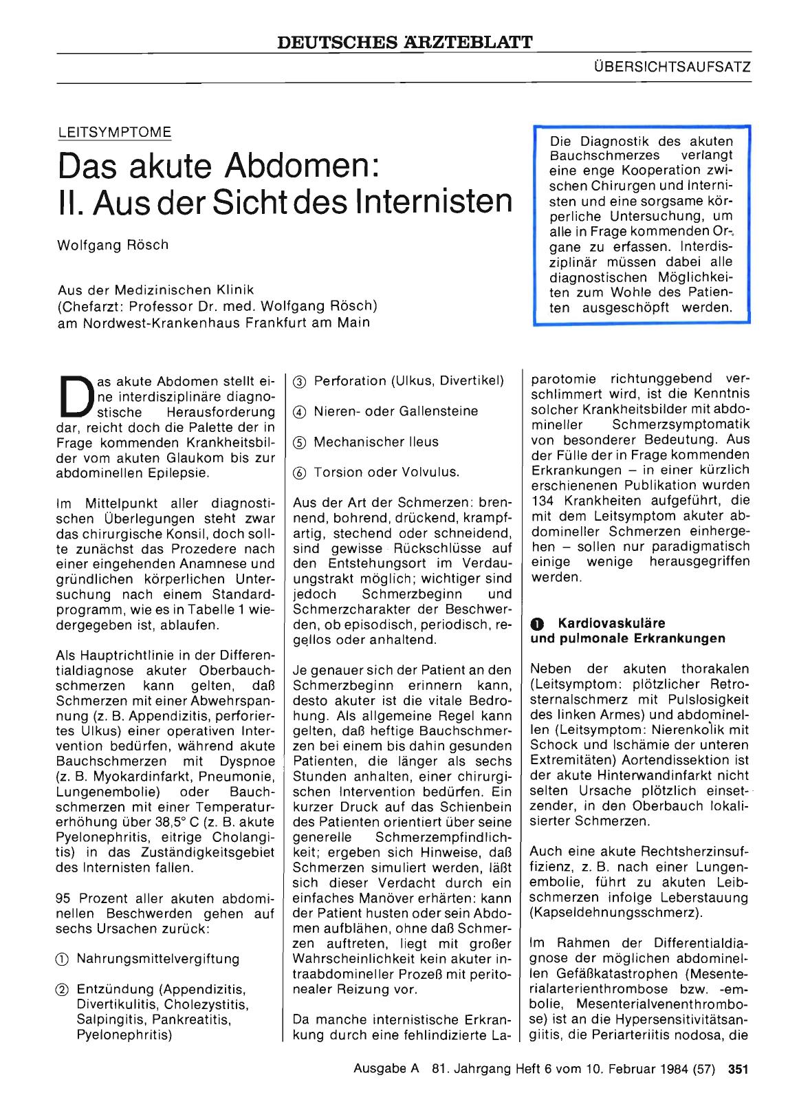Vorschauseite 1: Das akute Abdomen: II. Aus der Sicht des Internisten