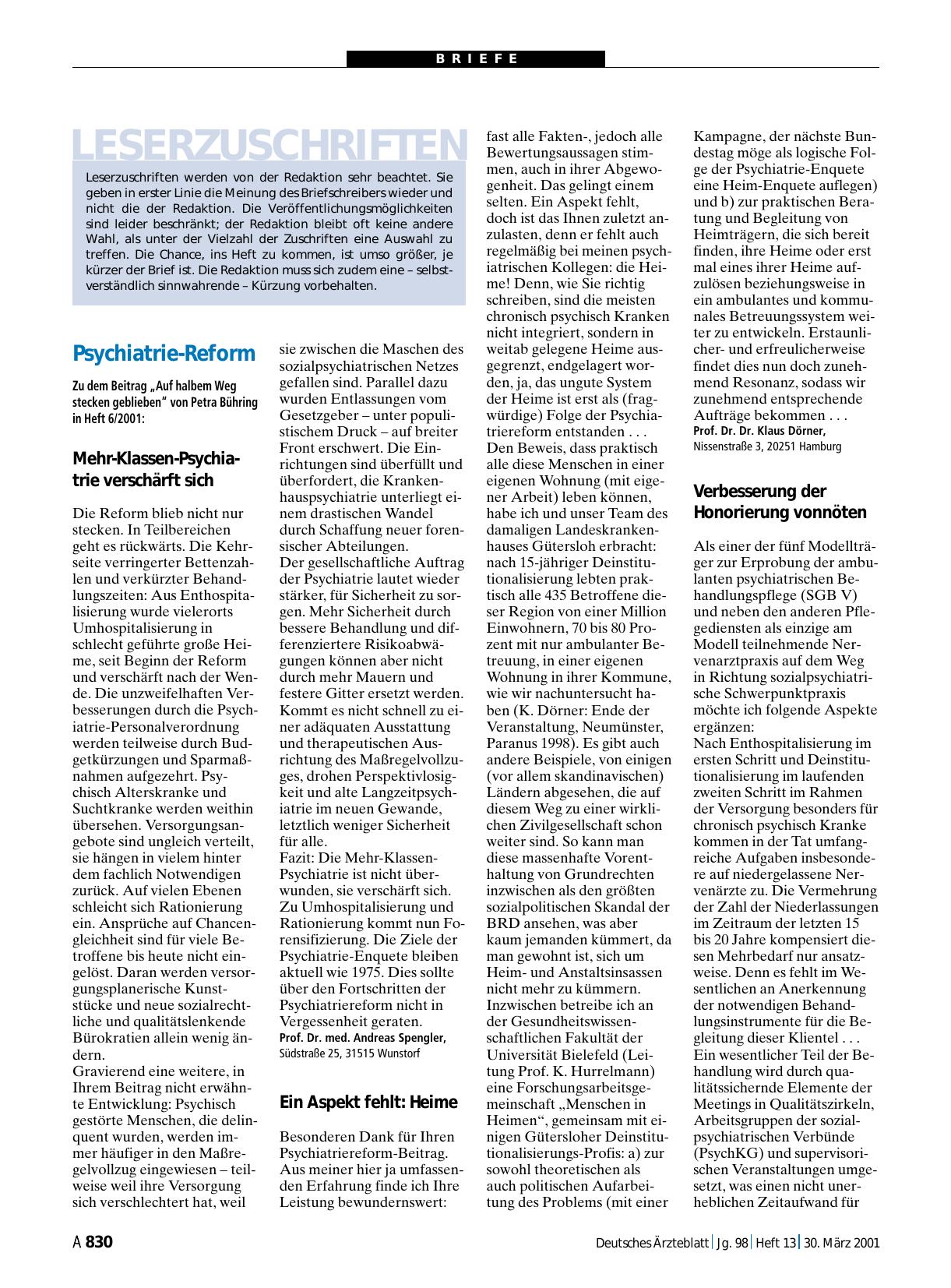 Vorschauseite 1: Psychiatrie-Reform: Ein Aspekt fehlt - Heime