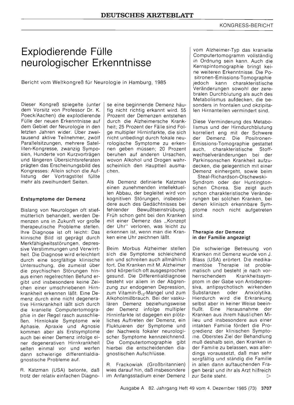 Vorschauseite 1: Explodierende Fülle neurologischer Erkenntnisse: Bericht vom Weltkongreß für Neurologie in Hamburg, 1985