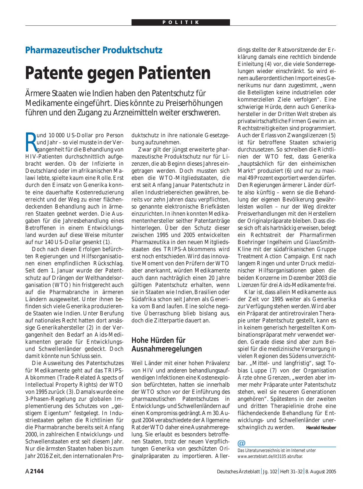 Vorschauseite 1: Pharmazeutischer Produktschutz: Patente gegen Patienten