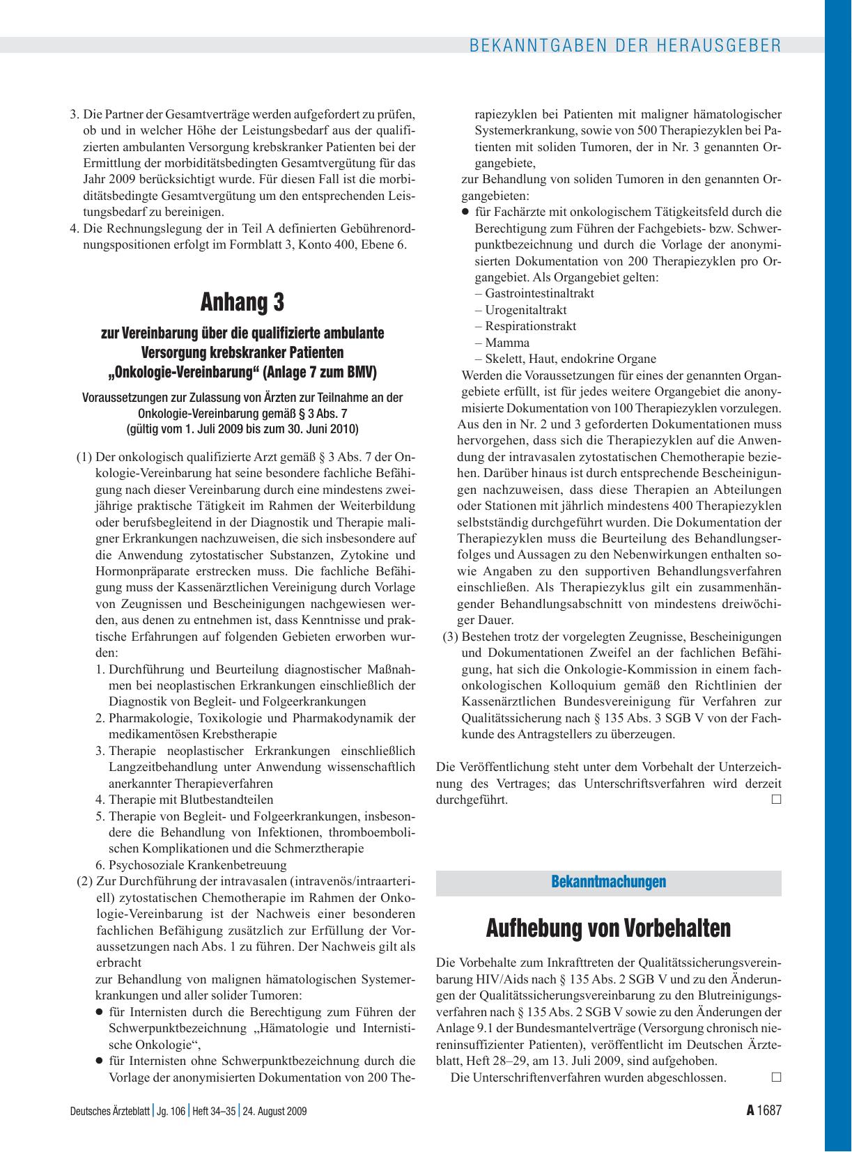 Vorschauseite 1: Anhang 3 zur Vereinbarung über die qualifizierte ambulante Versorgung krebskranker Patienten „Onkologie-Vereinbarung“ (Anlage 7 zum BMV)