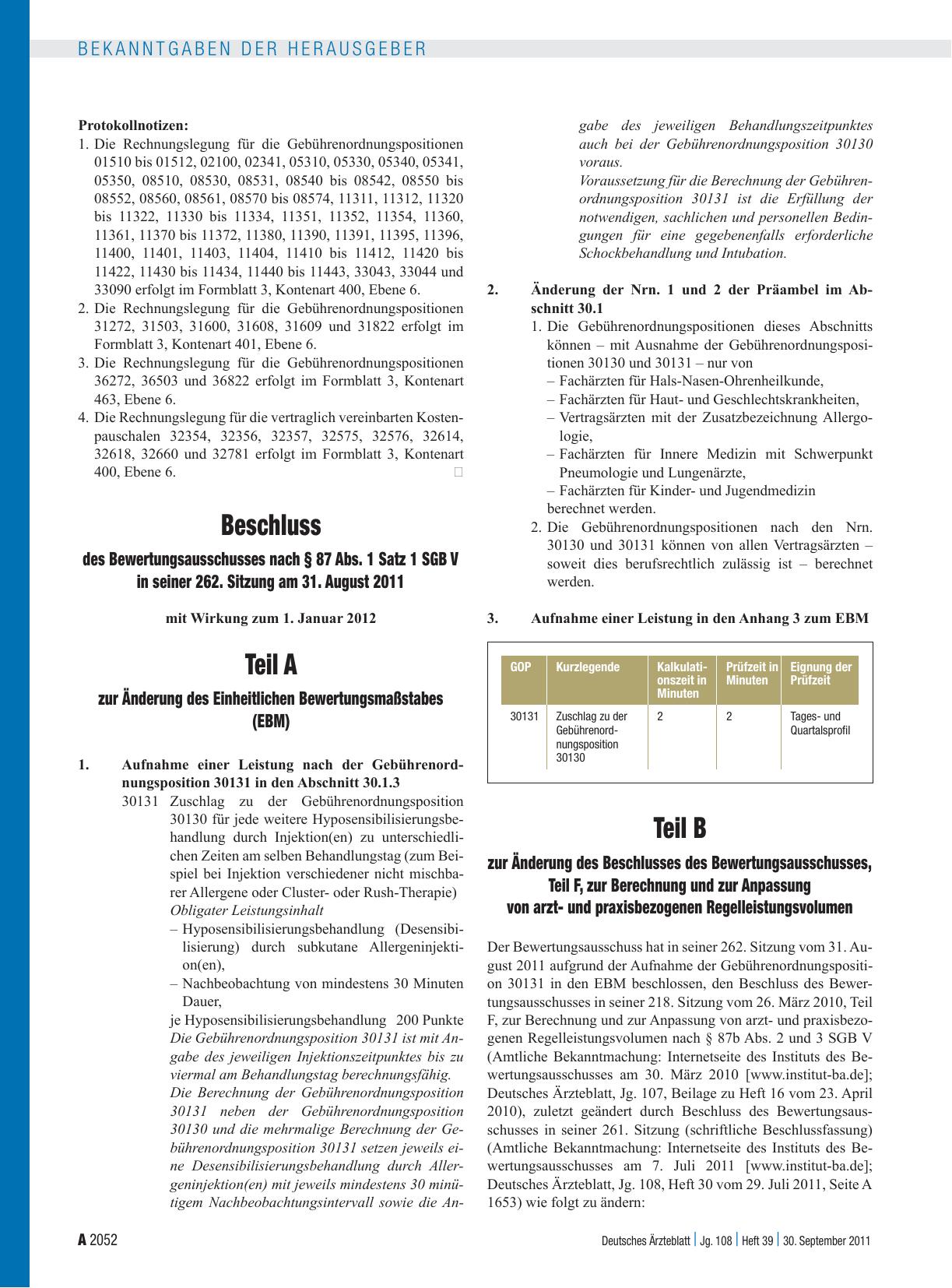 Vorschauseite 1: Beschluss des Bewertungsausschusses nach § 87 Abs. 1 Satz 1 SGB V in seiner 262. Sitzung am 31. August 2011