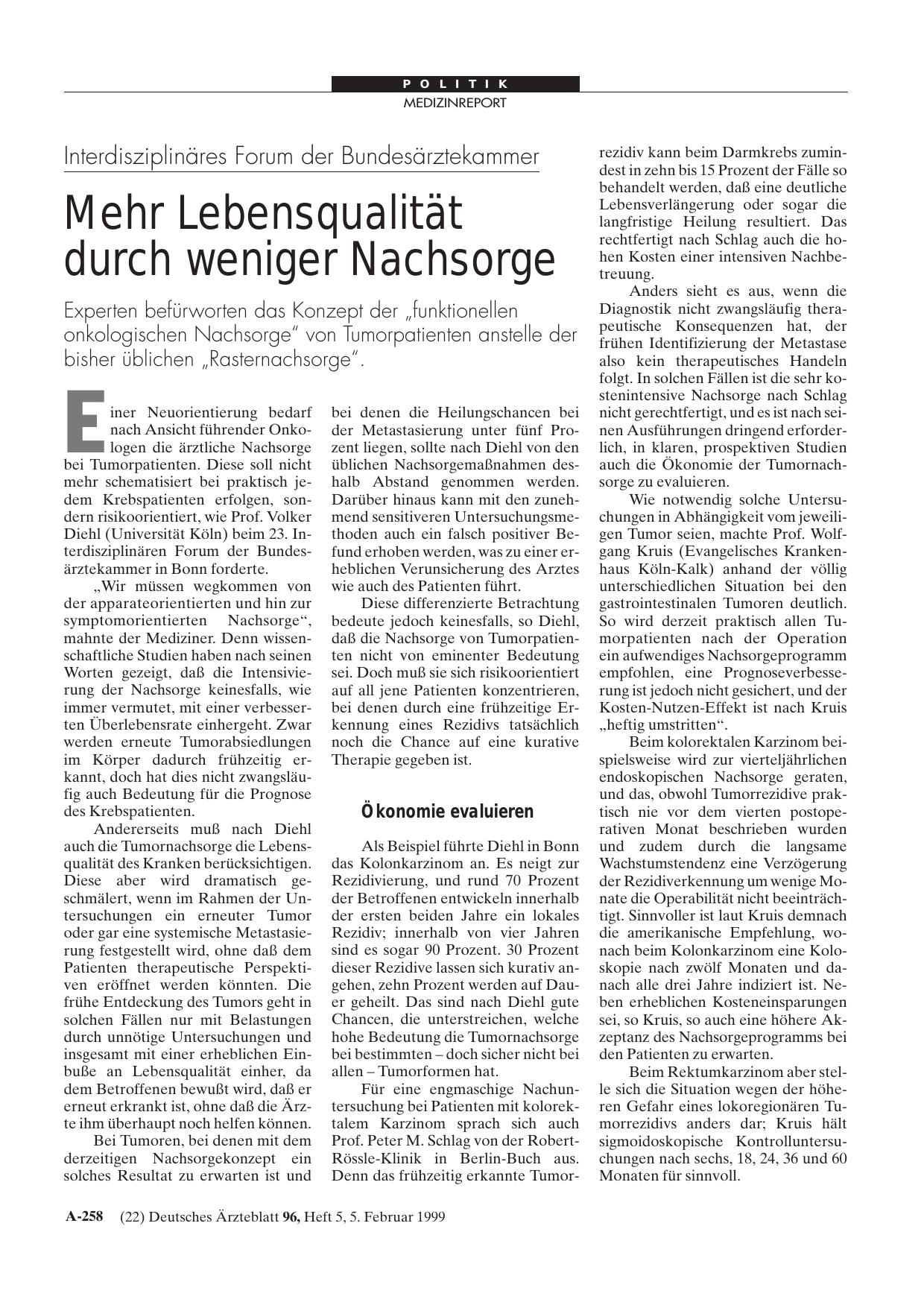 Vorschauseite 1: Interdisziplinäres Forum der Bundesärztekammer: Mehr Lebensqualität durch weniger Nachsorge