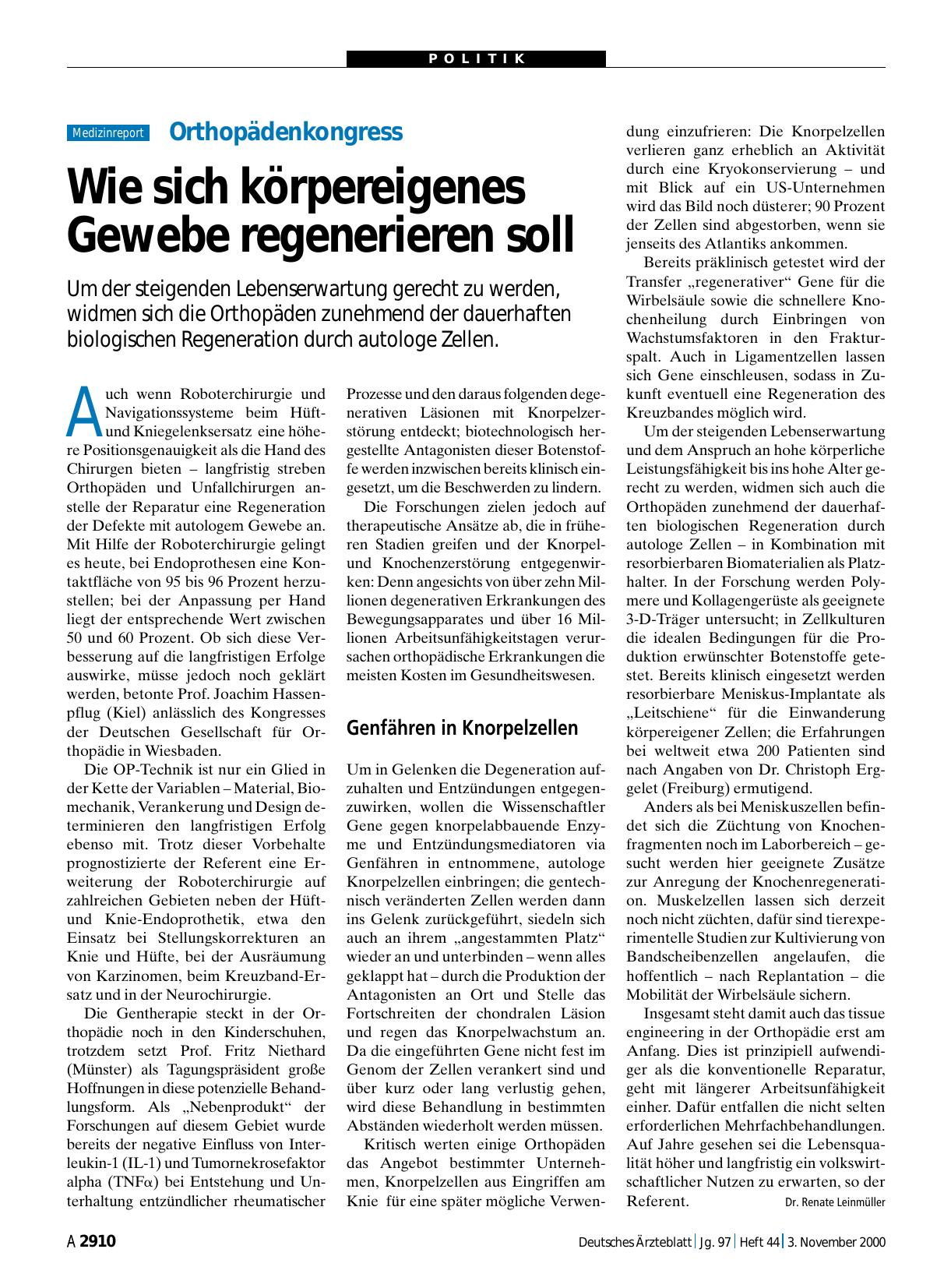 Vorschauseite 1: Orthopädenkongress: Wie sich körpereigenes Gewebe regenerieren soll