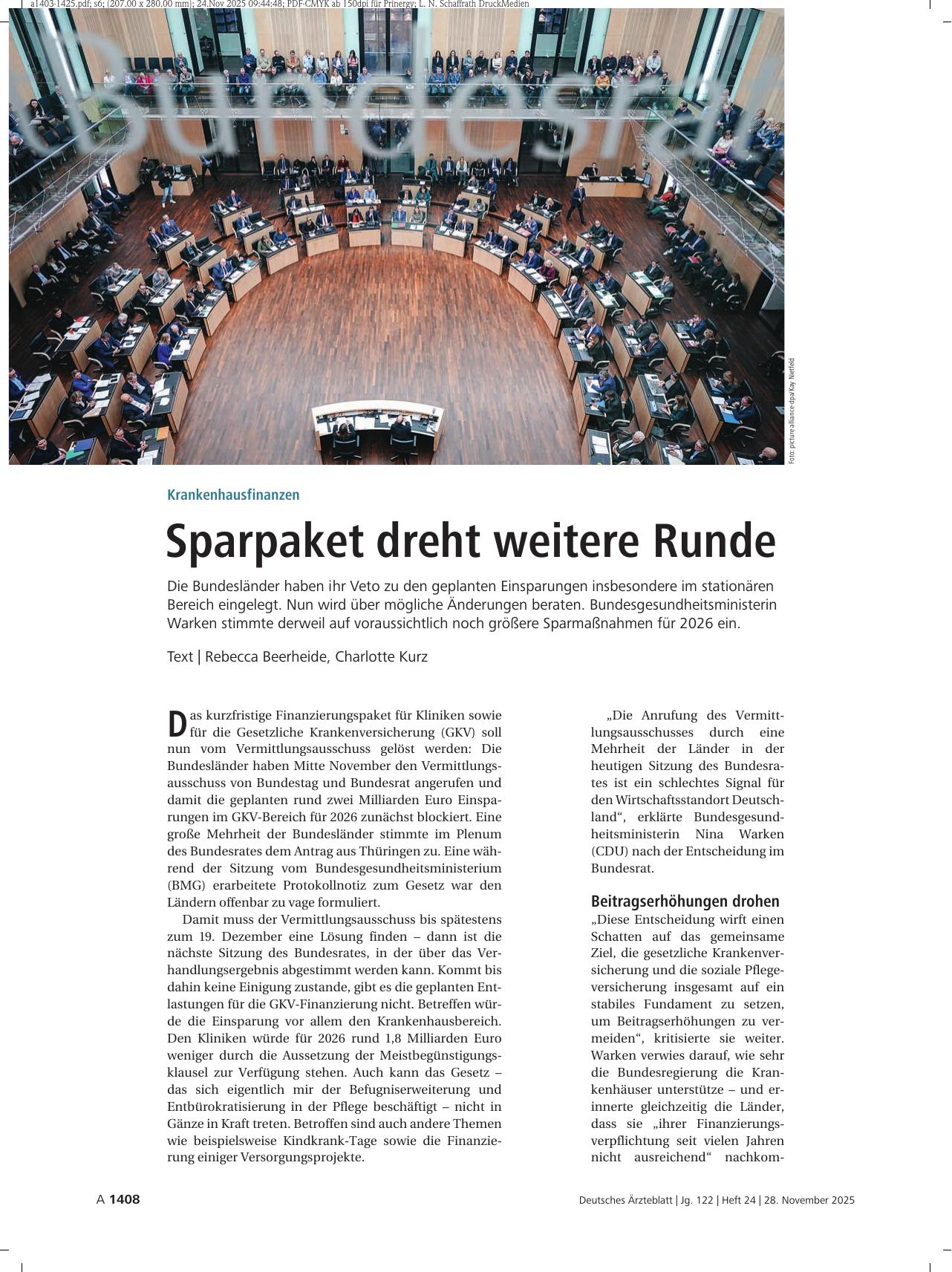 Vorschauseite 1: Krankenhausfinanzen: Sparpaket dreht weitere Runde