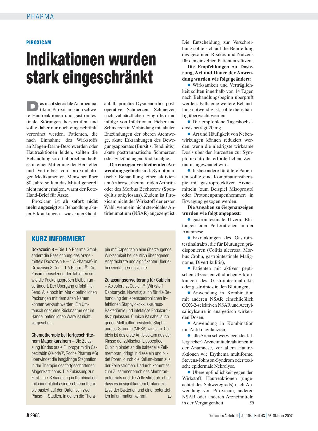 Vorschauseite 1: Piroxicam: Indikationen wurden stark eingeschränkt