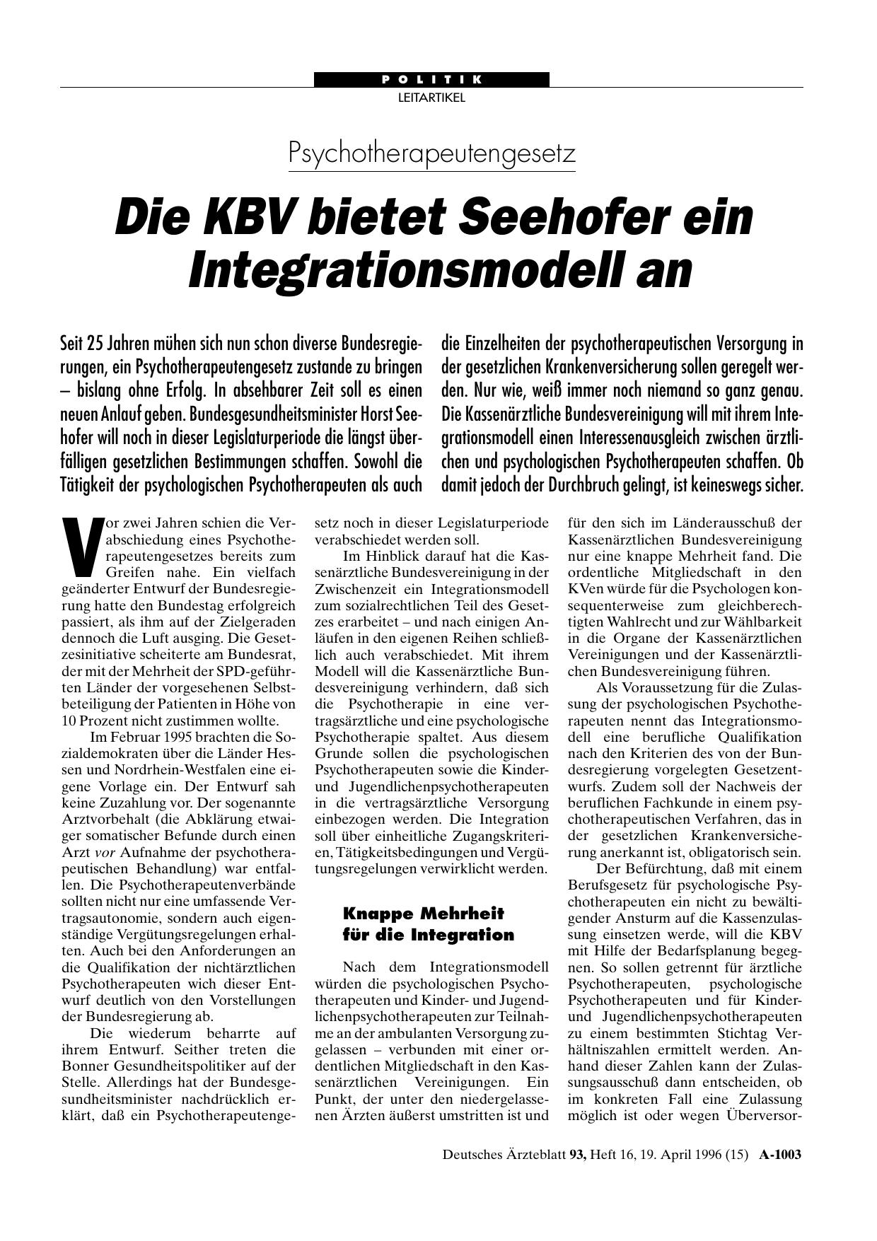Vorschauseite 1: Psychotherapeutengesetz: Die KBV bietet Seehofer ein Integrationsmodell an