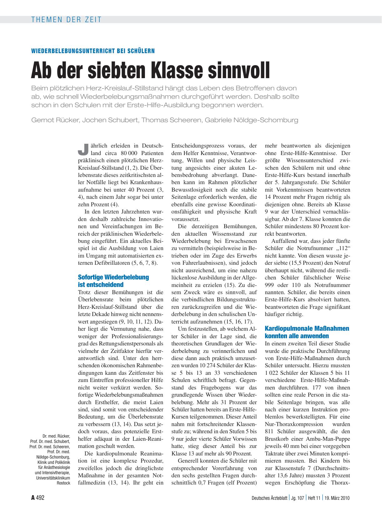 Vorschauseite 1: Wiederbelebungsunterricht bei Schülern: Ab der siebten Klasse sinnvoll