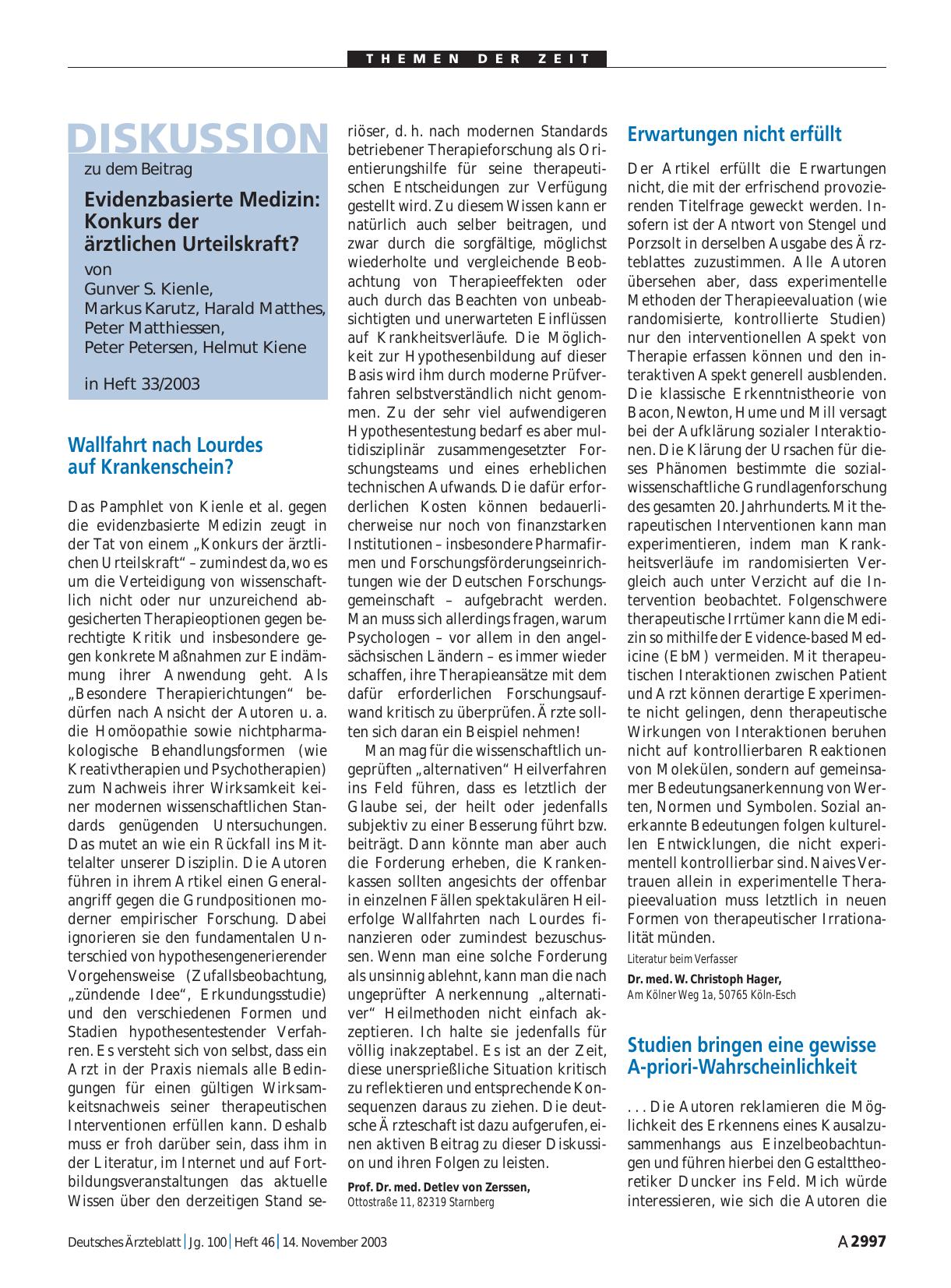 Vorschauseite 1: Evidenzbasierte Medizin: Konkurs der ärztlichen Urteilskraft? Wallfahrt nach Lourdes auf Krankenschein?