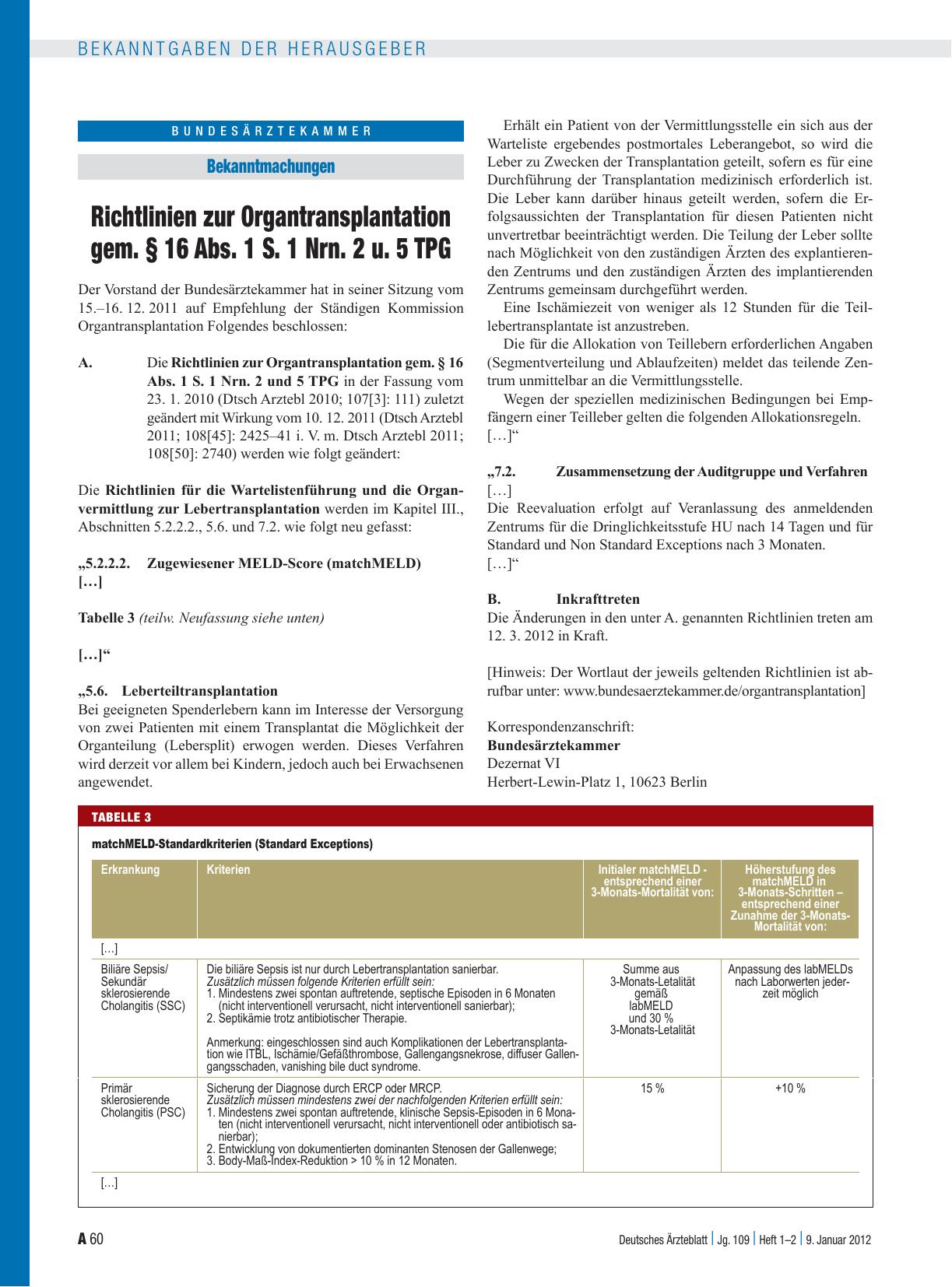 Vorschauseite 1: Richtlinien zur Organtransplantation gem. § 16 Abs. 1 S. 1 Nrn. 2 u. 5 TPG