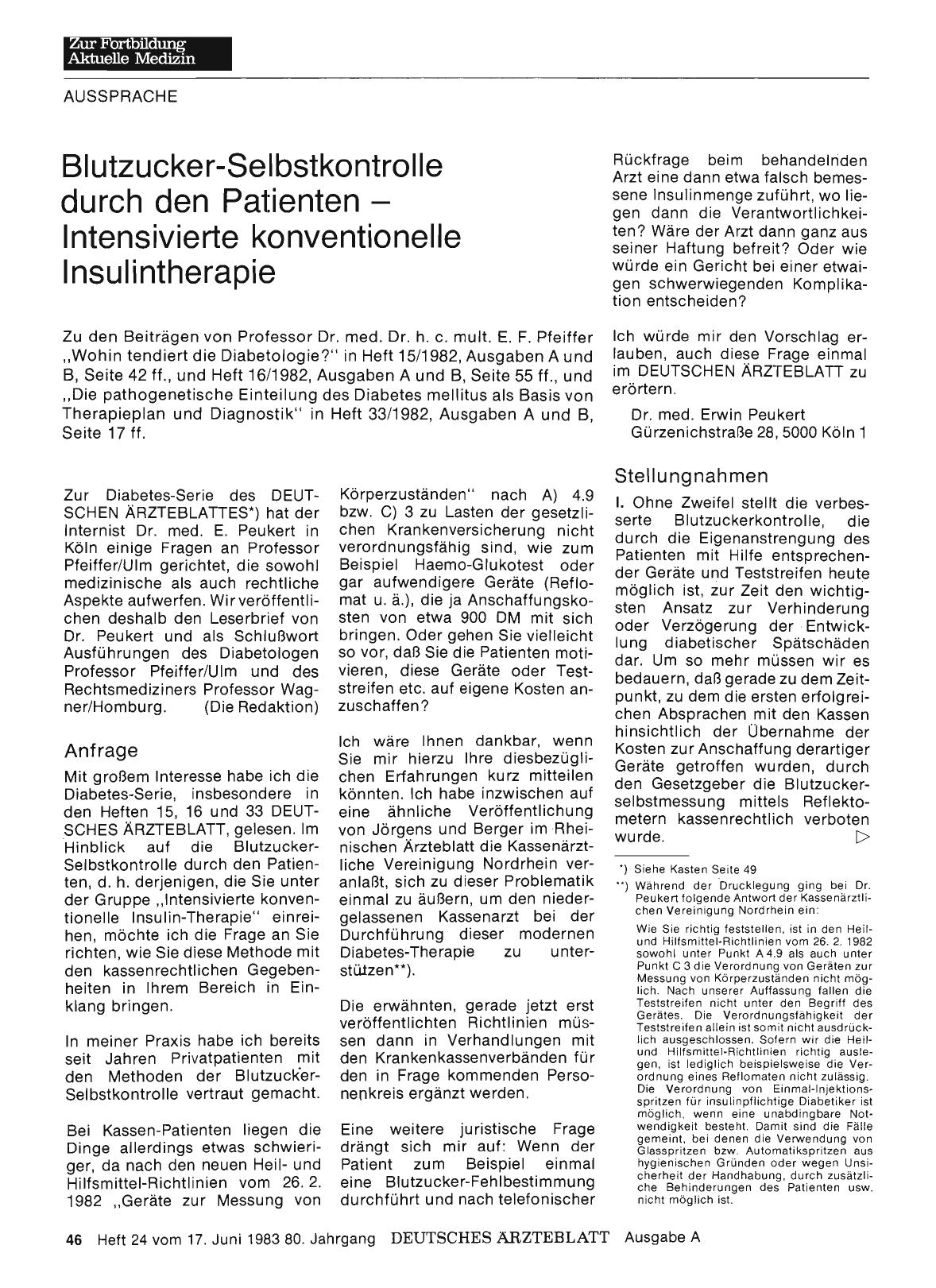 Vorschauseite 1: Blutzucker-Selbstkontrolle durch den Patienten — Intensivierte konventionelle Insulintherapie: Stellungnahmen I