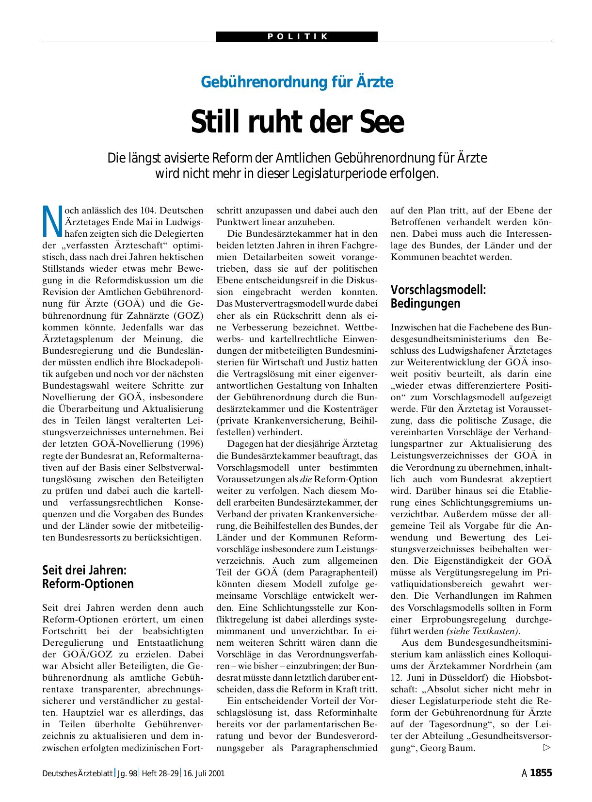 Vorschauseite 1: Gebührenordnung für Ärzte: Still ruht der See