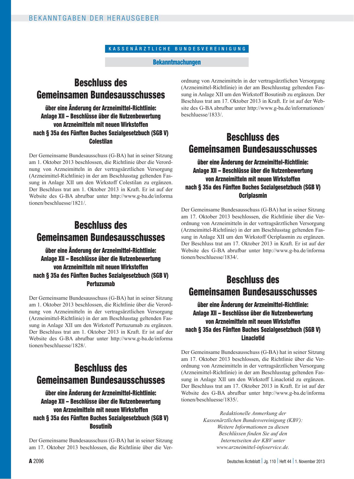 Vorschauseite 1: Beschluss des Gemeinsamen Bundesausschusses über eine Änderung der Arzneimittel-Richtlinie: Anlage XII – Beschlüsse über die Nutzenbewertung von Arzneimitteln mit neuen Wirkstoffe…