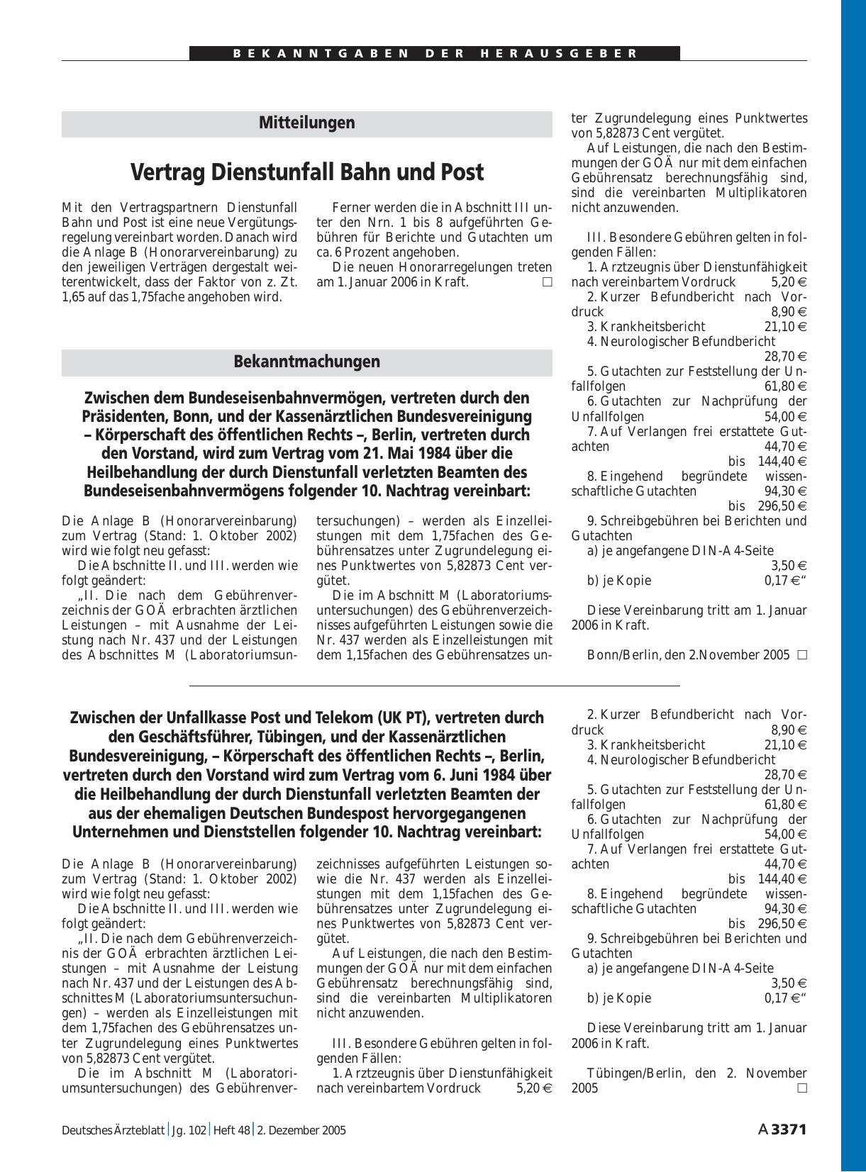 Vorschauseite 1: Mitteilungen: Vertrag Dienstunfall Bahn und Post