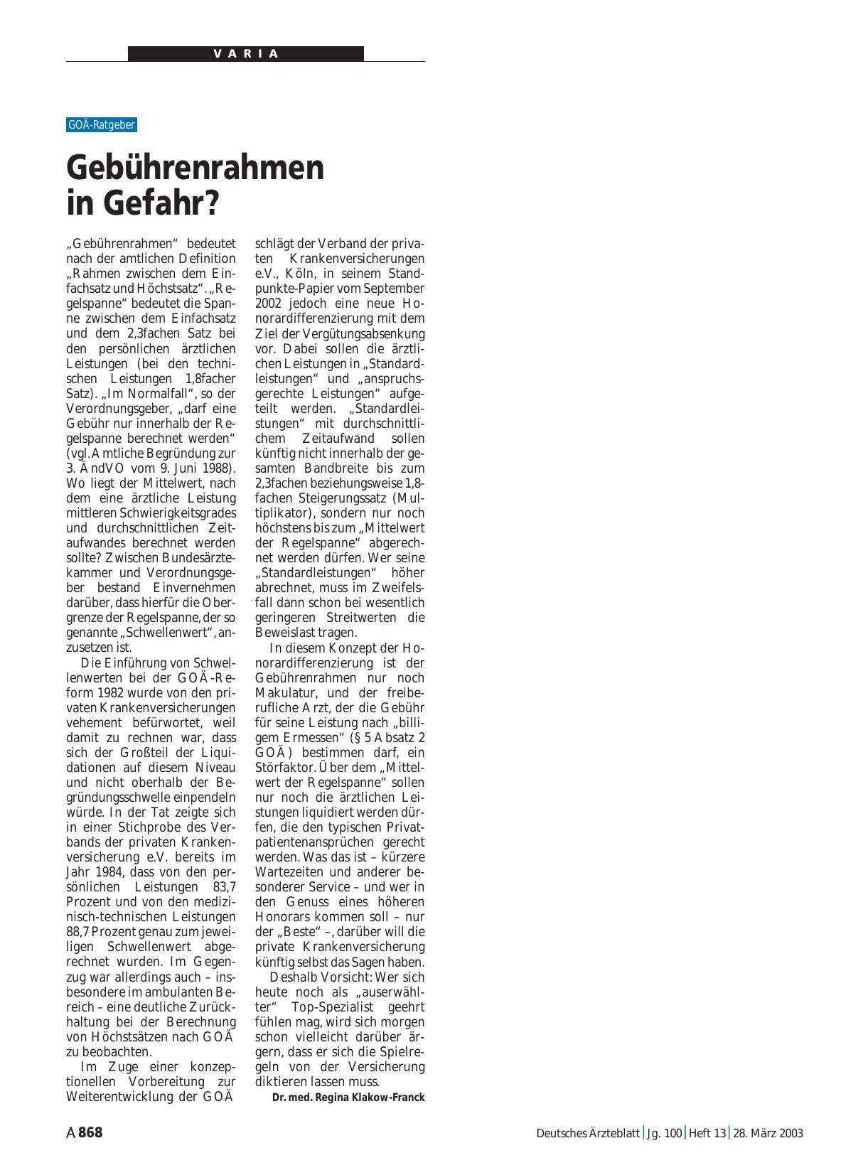 Vorschauseite 1: Gebührenrahmen in Gefahr?