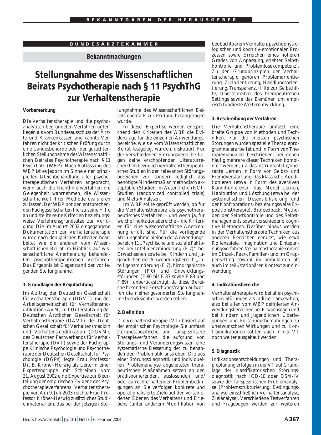 Vorschauseite 1: Bekanntmachungen: Stellungnahme des Wissenschaftlichen Beirats Psychotherapie nach § 11 PsychThG zur Verhaltenstherapie