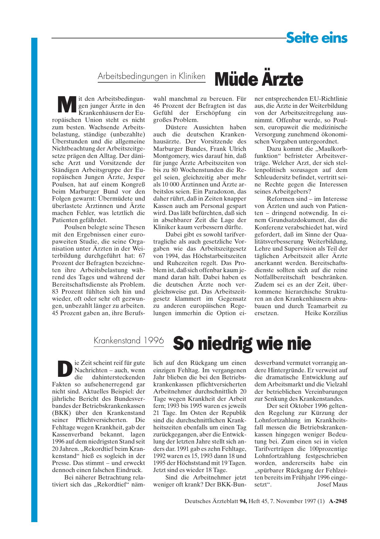Vorschauseite 1: Krankenstand 1996: So niedrig wie nie