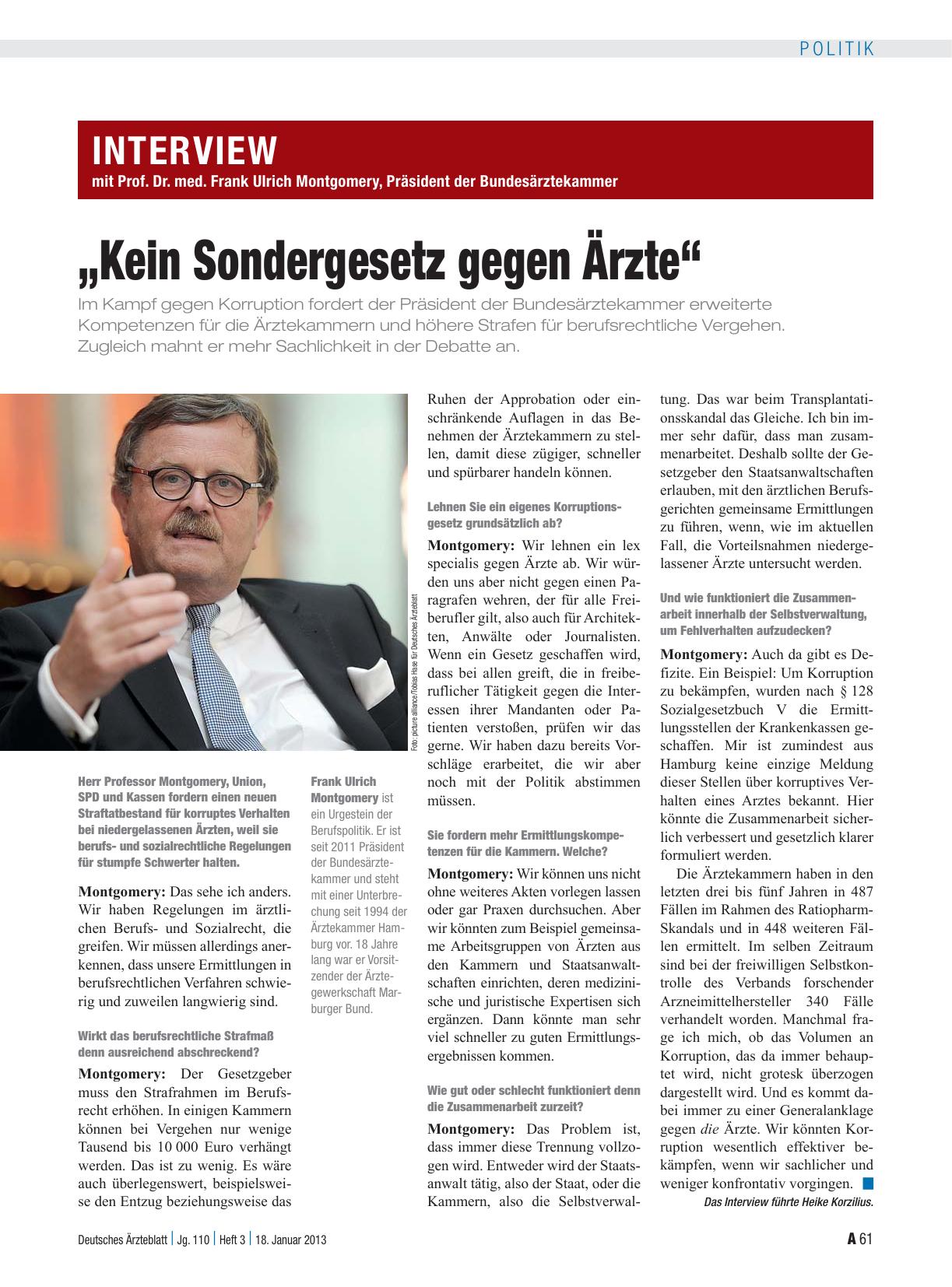 Vorschauseite 1: Interview mit Prof. Dr. med. Frank Ulrich Montgomery, Präsident der Bundesärztekammer: „Kein Sondergesetz gegen Ärzte“