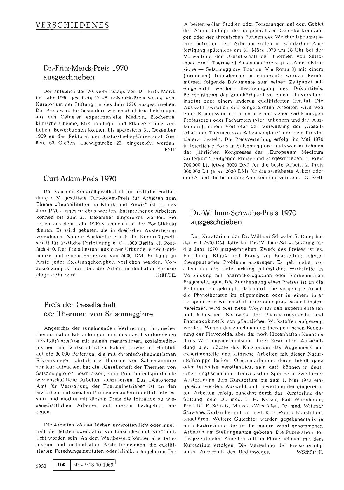 Vorschauseite 1: Dr. -Fritz-Merck-Preis 1970 ausgeschrieben