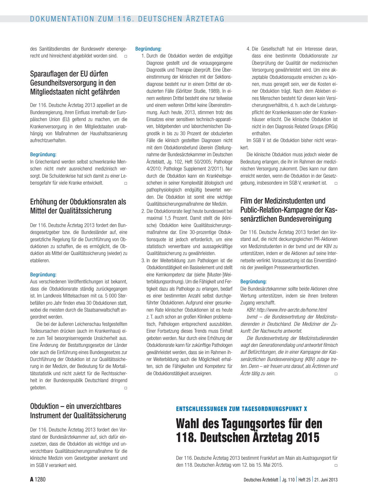 Vorschauseite 1: Entschliessungen zum Tagesordnungspunkt X: Wahl des Tagungsortes für den 118. Deutschen Ärztetag 2015