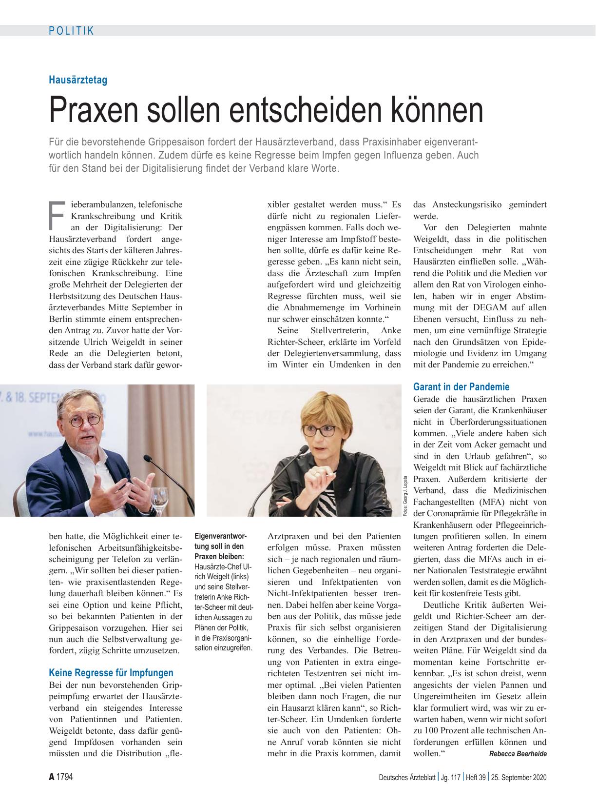 Vorschauseite 1: Hausärztetag: Praxen sollen entscheiden können