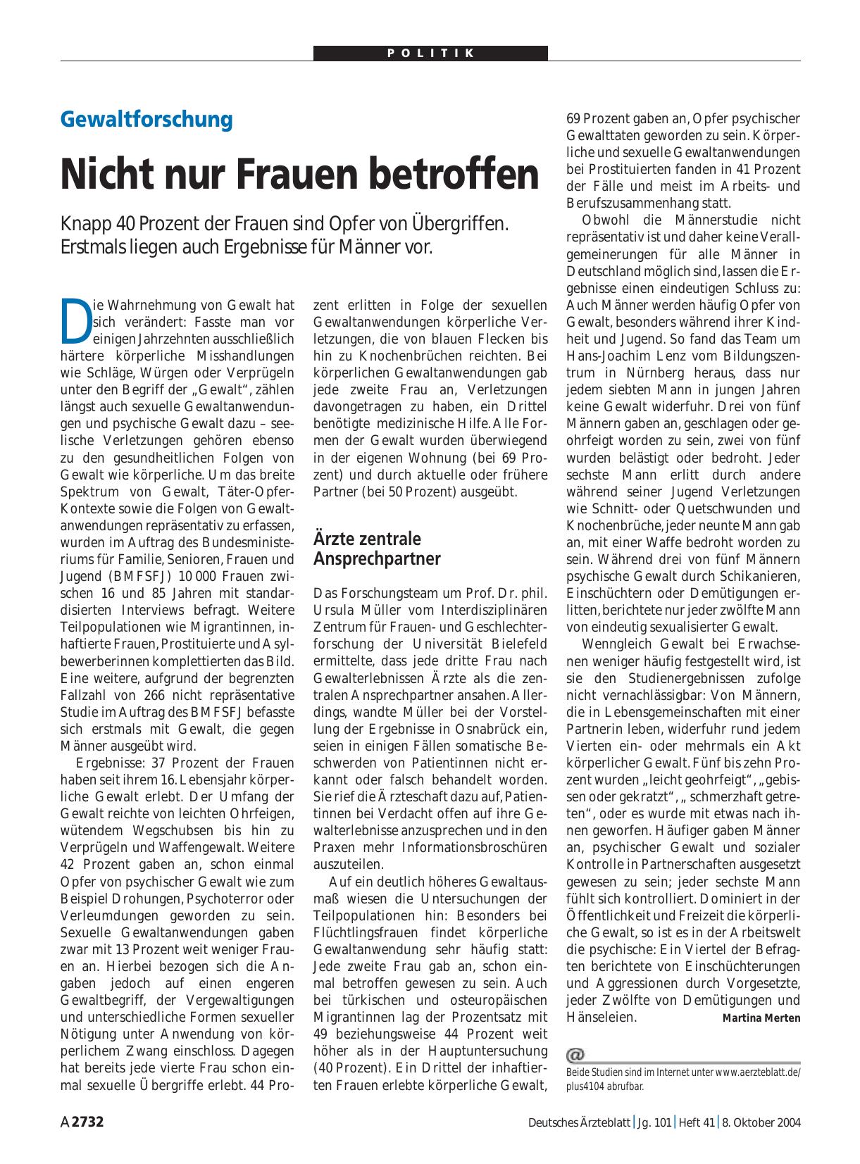Vorschauseite 1: Gewaltforschung: Nicht nur Frauen betroffen