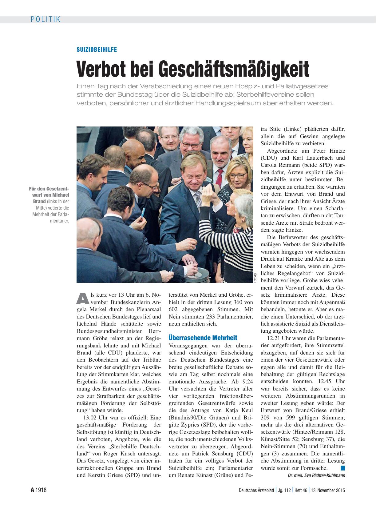 Vorschauseite 1: Suizidbeihilfe: Verbot bei Geschäftsmäßigkeit
