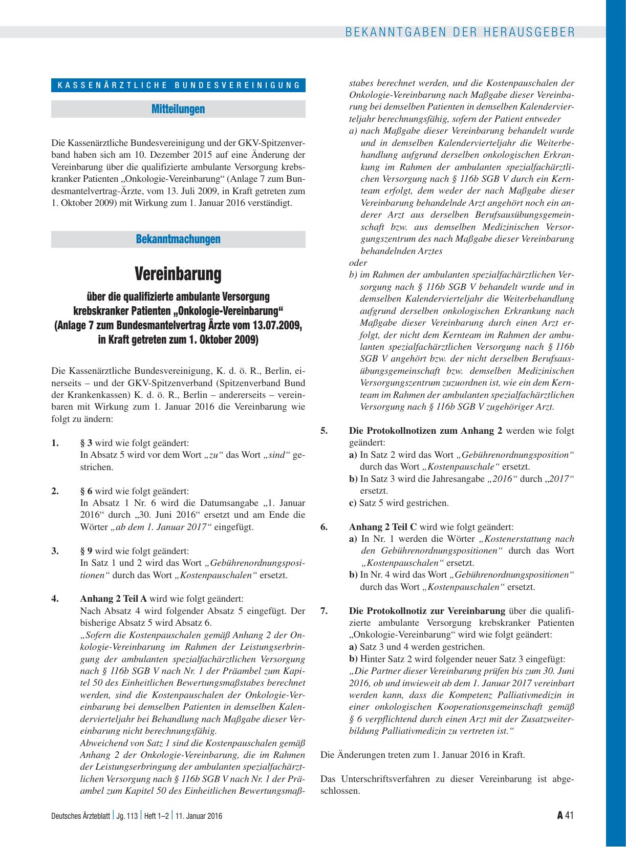Vorschauseite 1: Vereinbarung über die qualifizierte ambulante Versorgung krebskranker Patienten „Onkologie-Vereinbarung“ (Anlage 7 zum Bundesmantelvertrag Ärzte vom 13. 07. 2009, in Kraft getrete…