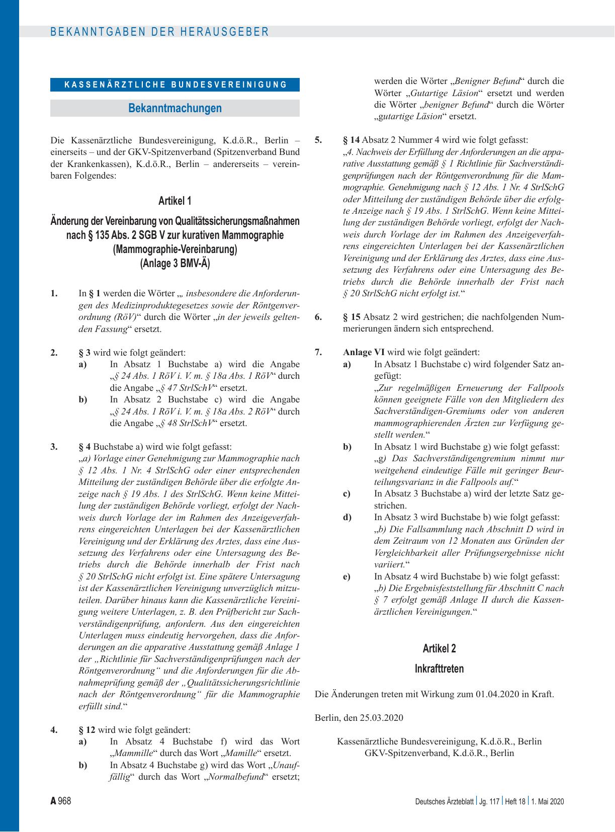 Vorschauseite 1: Änderung der Vereinbarung von Qualitätssicherungsmaßnahmen nach § 135 Abs. 2 SGB V zur kurativen Mammographie (Mammographie-Vereinbarung) (Anlage 3 BMV-Ä)