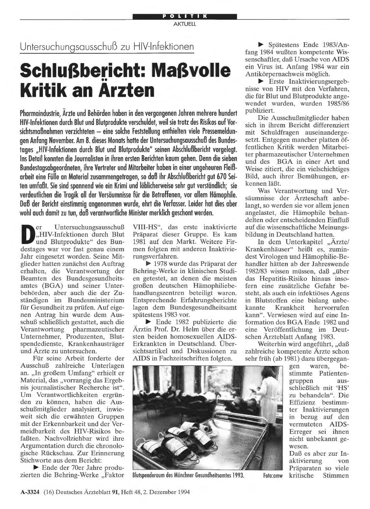 Vorschauseite 1: Untersuchungsausschuß zu HIV-Infektionen: Schlußbericht: Maßvolle Kritik an Ärzten