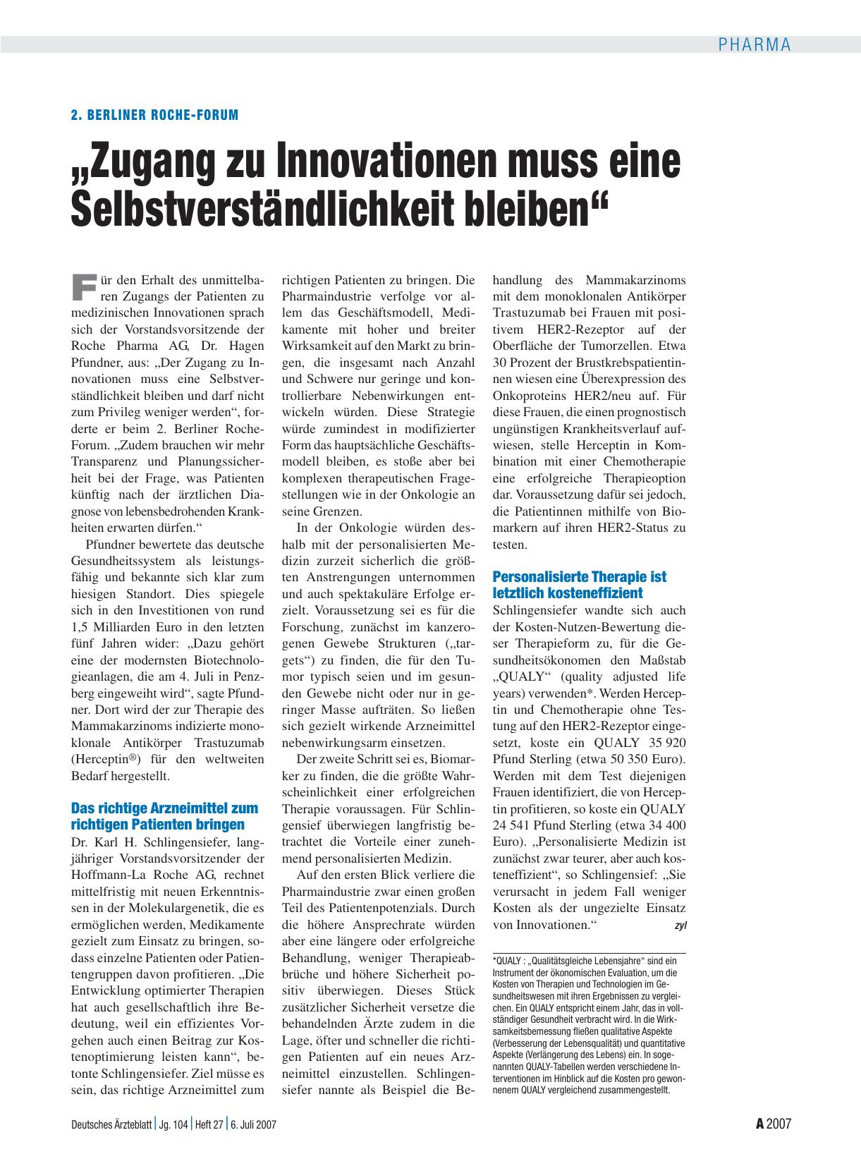 Vorschauseite 1: 2. Berliner Roche-Forum: „Zugang zu Innovationen muss eine Selbstverständlichkeit bleiben“