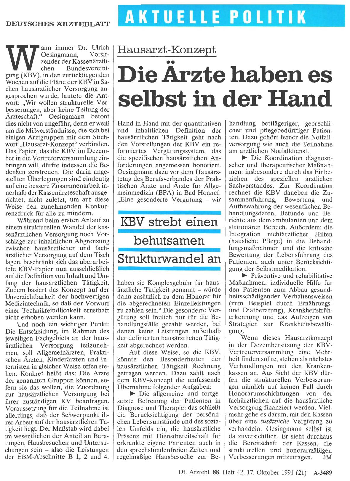 Vorschauseite 1: Hausarzt-Konzept: Die Ärzte haben es selbst in der Hand: KBV strebt einen behutsamen Strukturwandel an