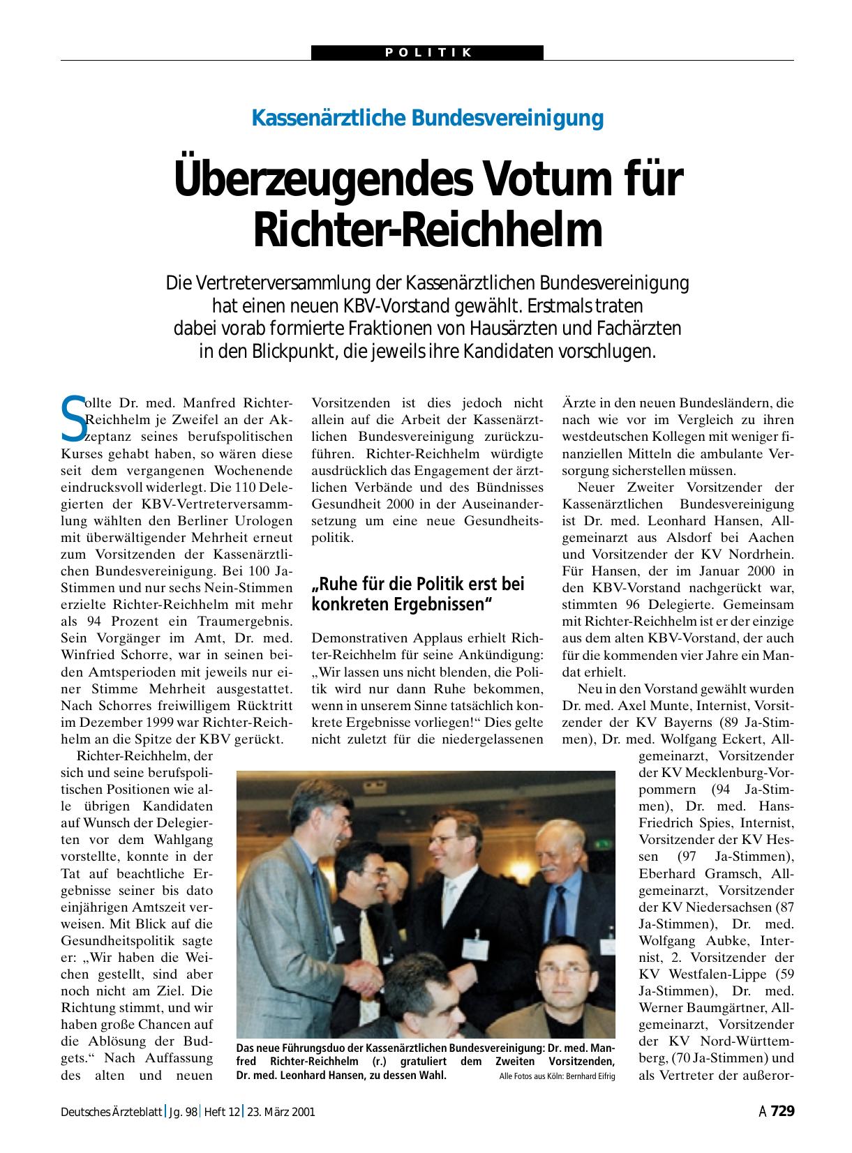 Vorschauseite 1: Kassenärztliche Bundesvereinigung: Überzeugendes Votum für Richter-Reichhelm