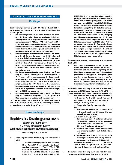 Vorschauseite 1: Beschluss des Bewertungsausschusses nach § 87 Abs. 1 Satz 1 SGB V in seiner 594. Sitzung am 18. Mai 2022 zur Änderung des Einheitlichen Bewertungsmaßstabes (EBM)