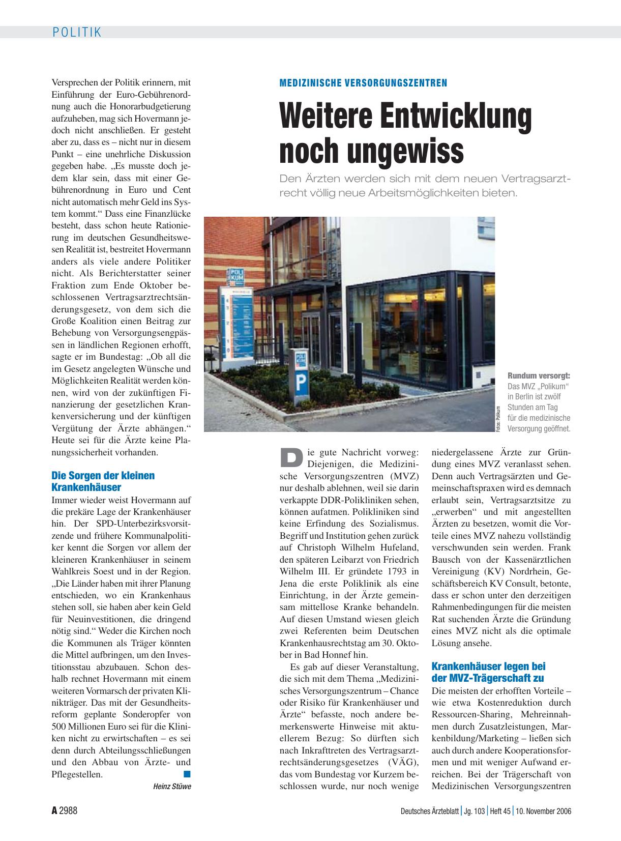 Vorschauseite 1: Medizinische Versorgungszentren: Weitere Entwicklung noch ungewiss