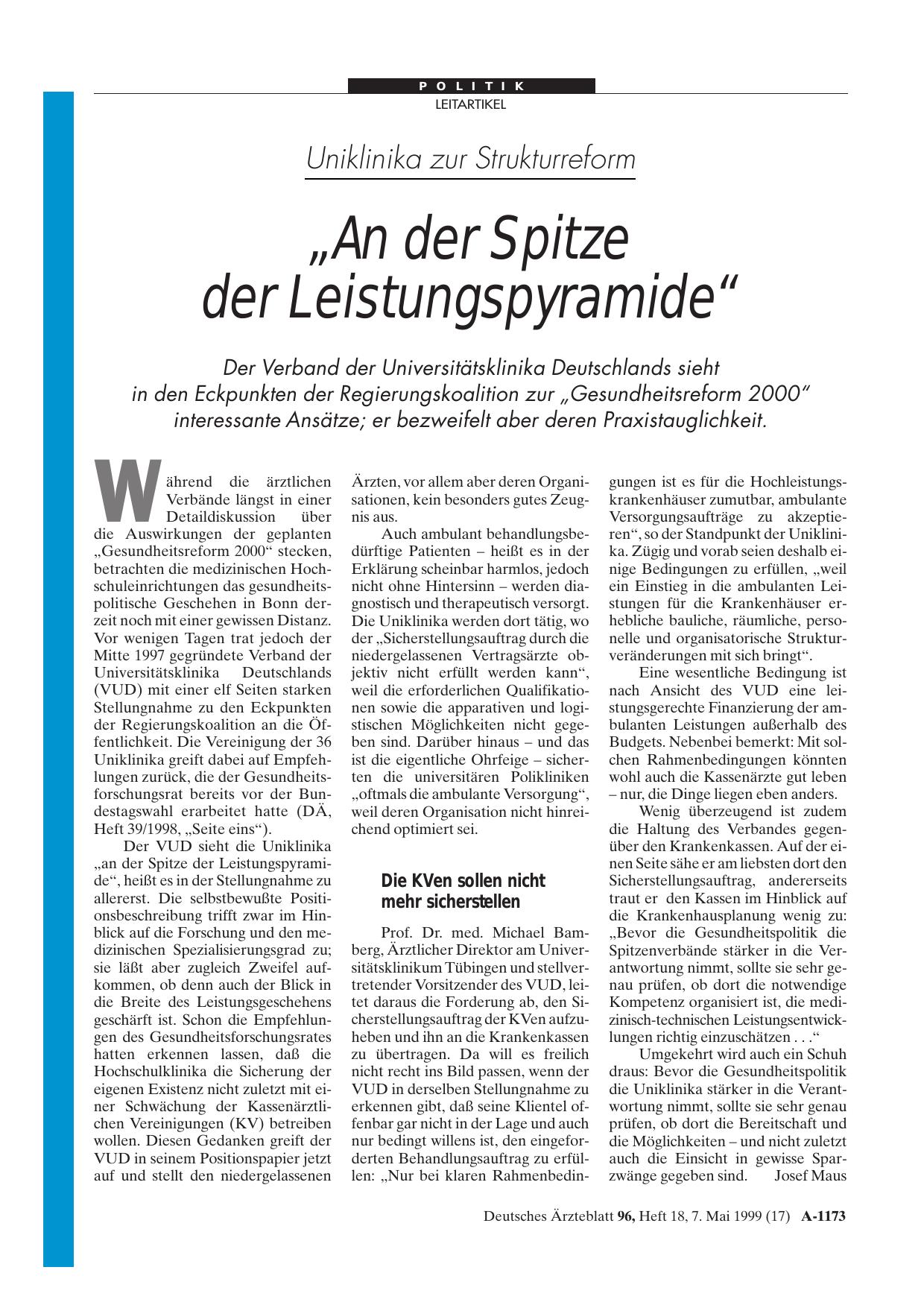 Vorschauseite 1: Uniklinika zur Strukturreform: „An der Spitze der Leistungspyramide“