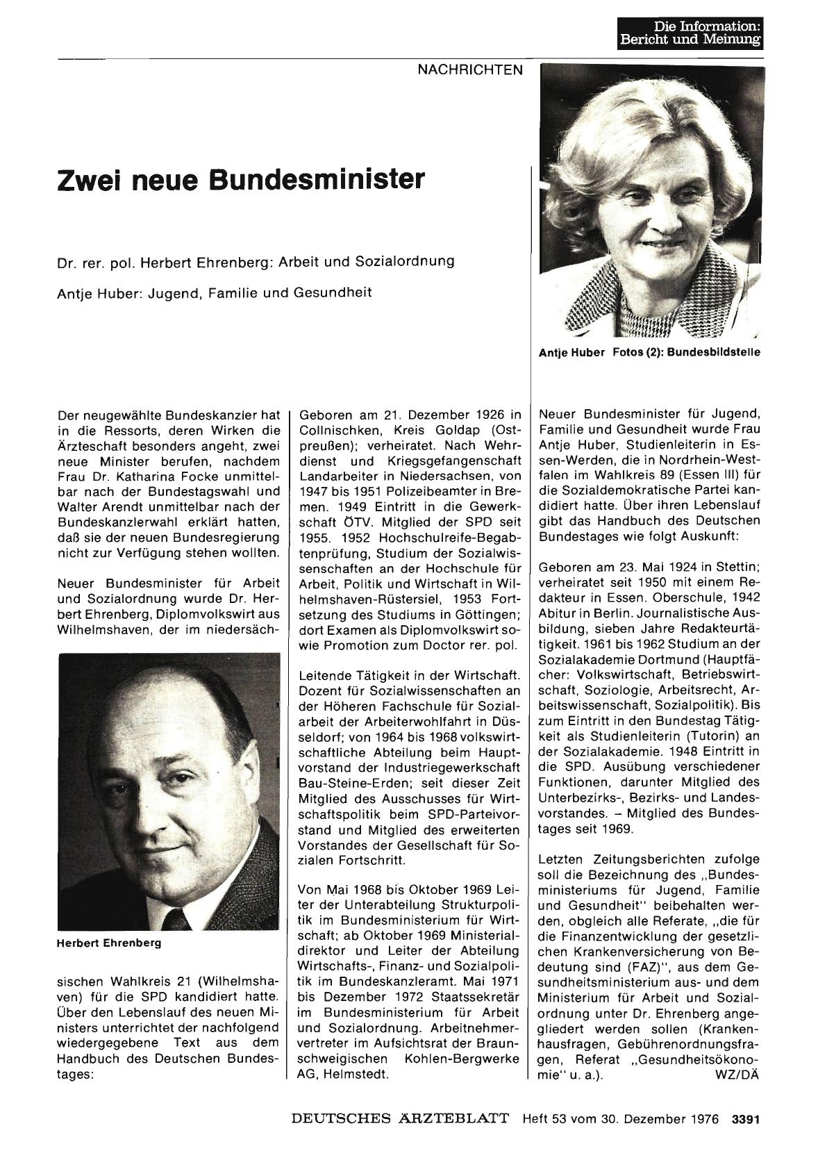 Vorschauseite 1: Zwei neue Bundesminister: Dr. rer. pol. Herbert Ehrenberg: Arbeit und Sozialordnung - Antje Huber: Jugend, Familie und Gesundheit