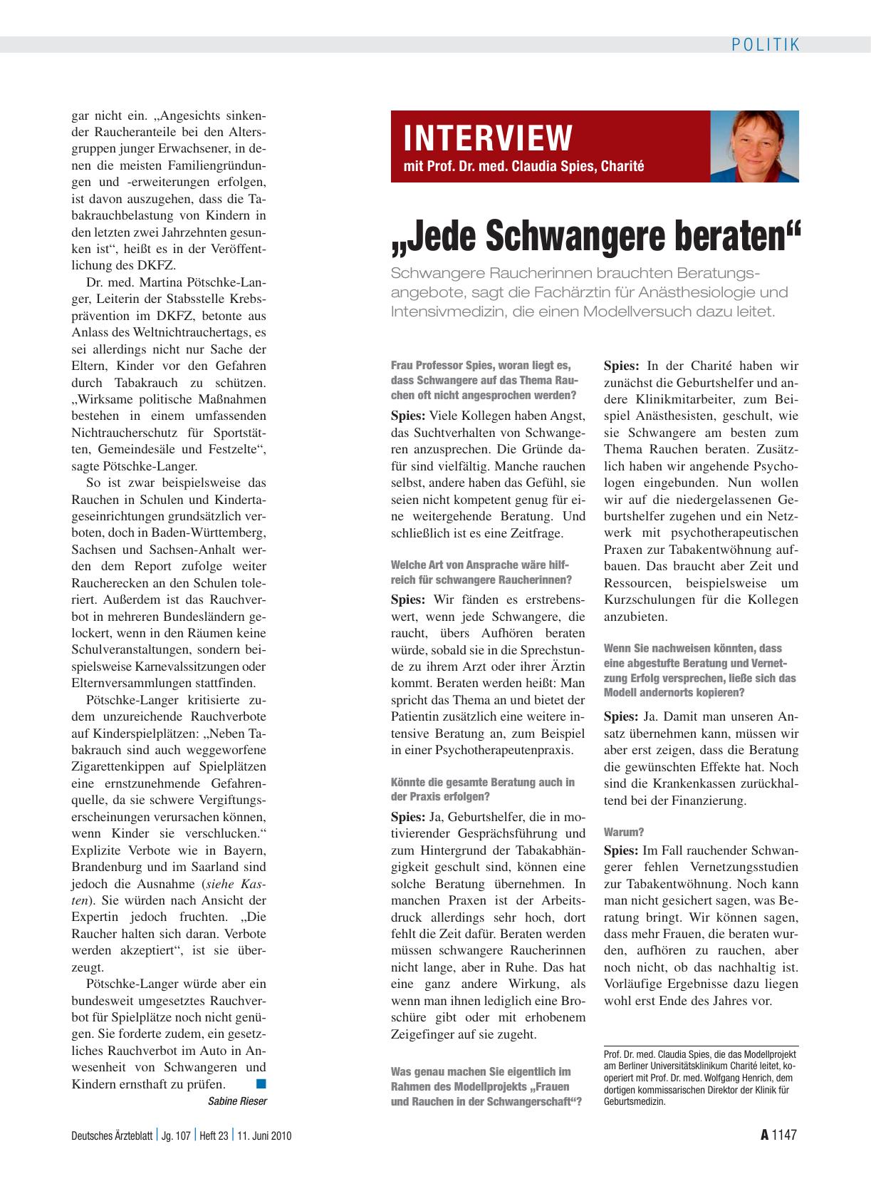 Vorschauseite 1: Interview mit Prof. Dr. med. Claudia Spies, Charité „Jede Schwangere beraten“