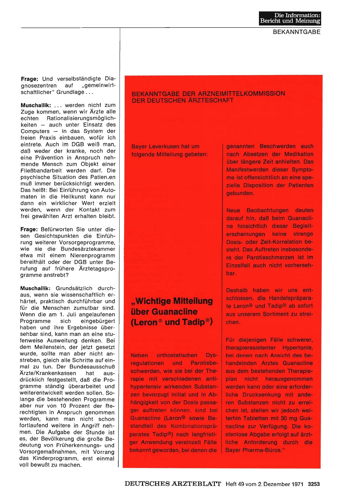 Vorschauseite 1: Bekanntgabe der Arzneimittelkommission der deutschen Ärzteschaft: Wichtige Mitteilung über Guanacline (Leron ® und Tadip®)