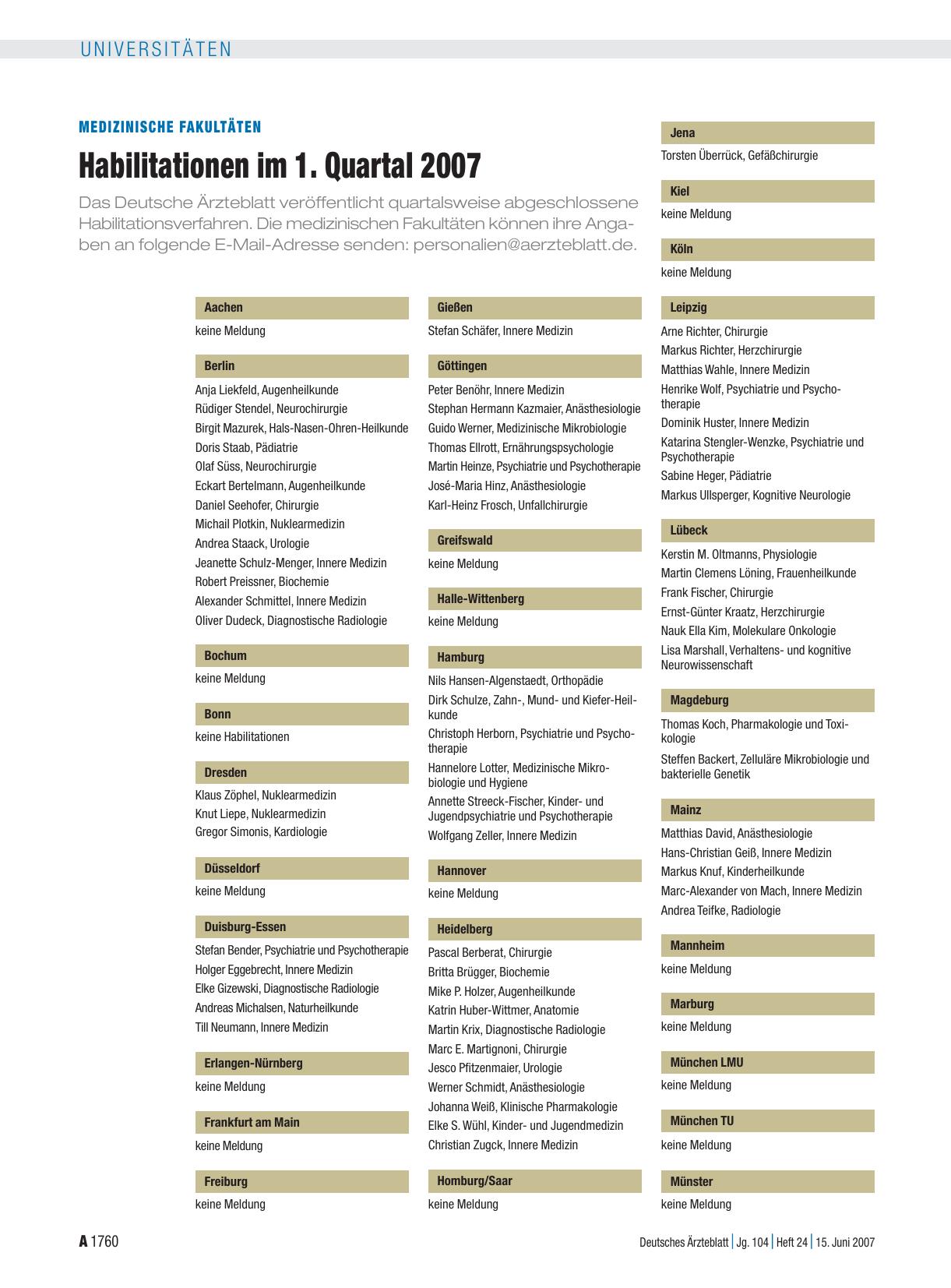 Vorschauseite 1: MEDIZINISCHE FAKULTÄTEN: Habilitationen im 1. Quartal 2007