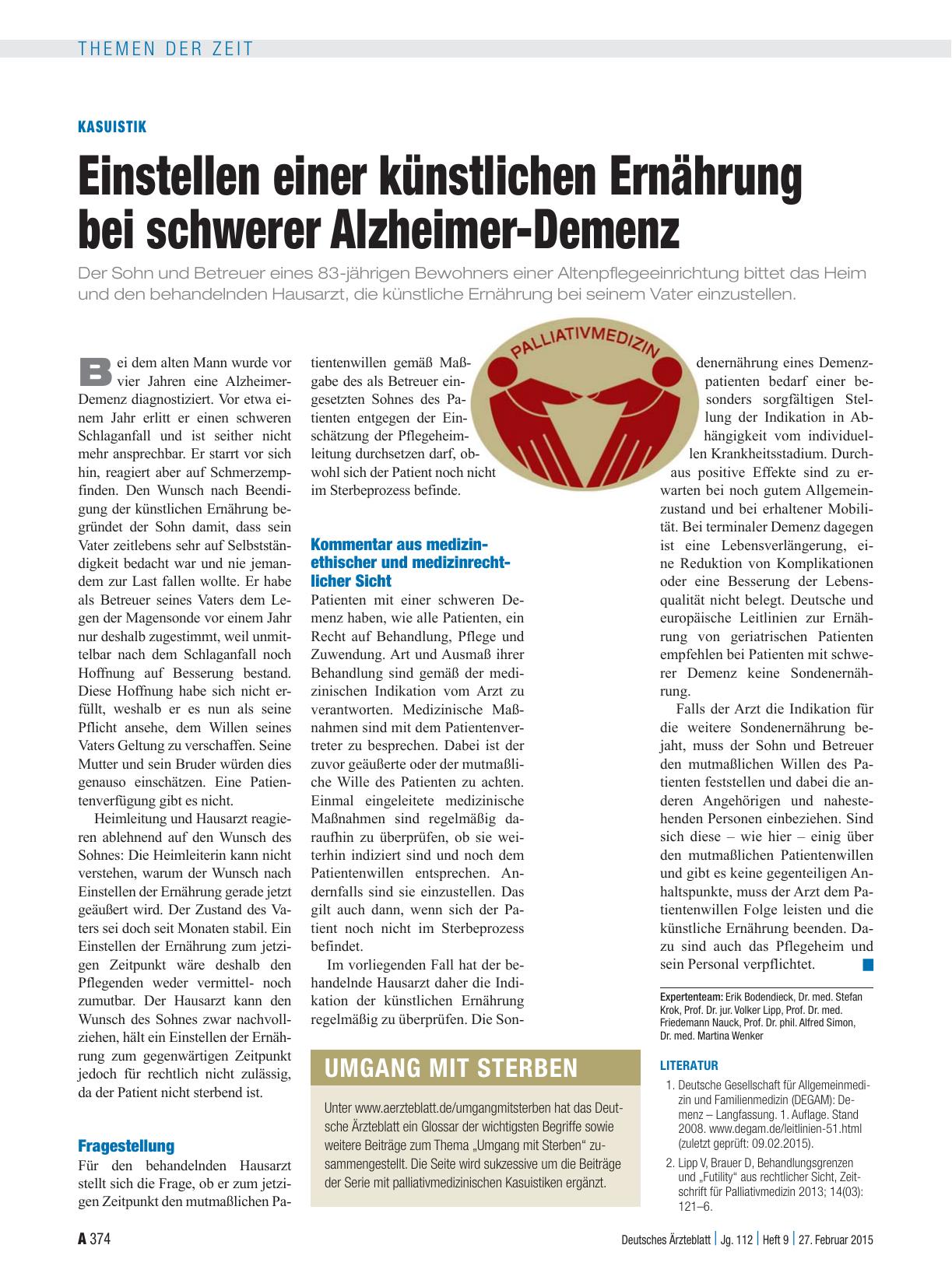 Vorschauseite 1: Kasuistik: Einstellen einer künstlichen Ernährung bei schwerer Alzheimer-Demenz