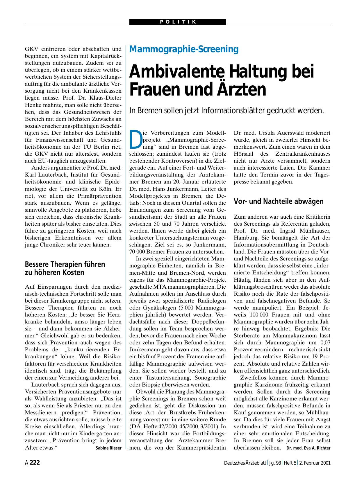 Vorschauseite 1: Mammographie-Screening: Ambivalente Haltung bei Frauen und Ärzten