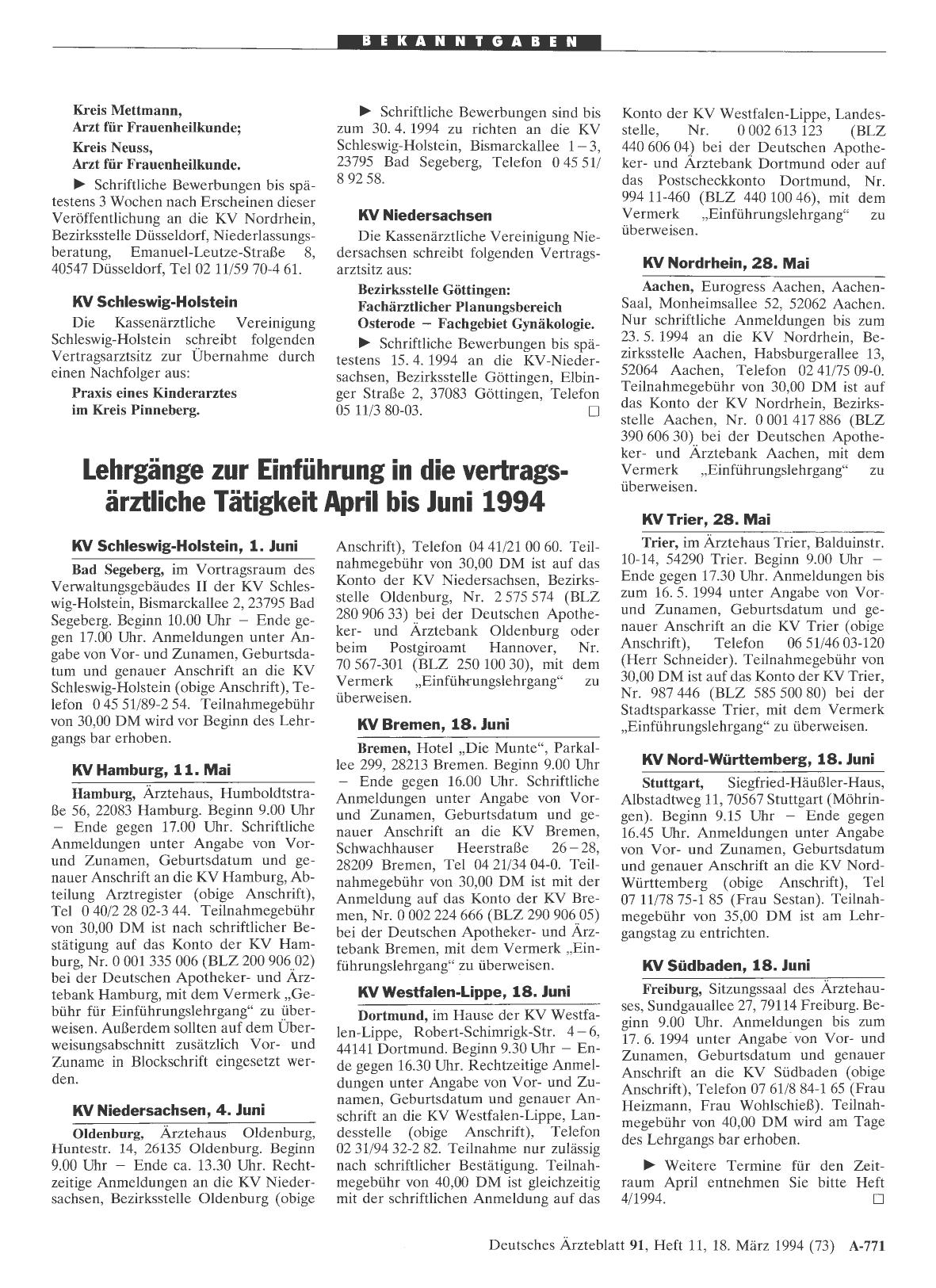 Vorschauseite 1: Lehrgänge zur Einführung in die vertragsärztliche Tätigkeit April bis Juni 1994