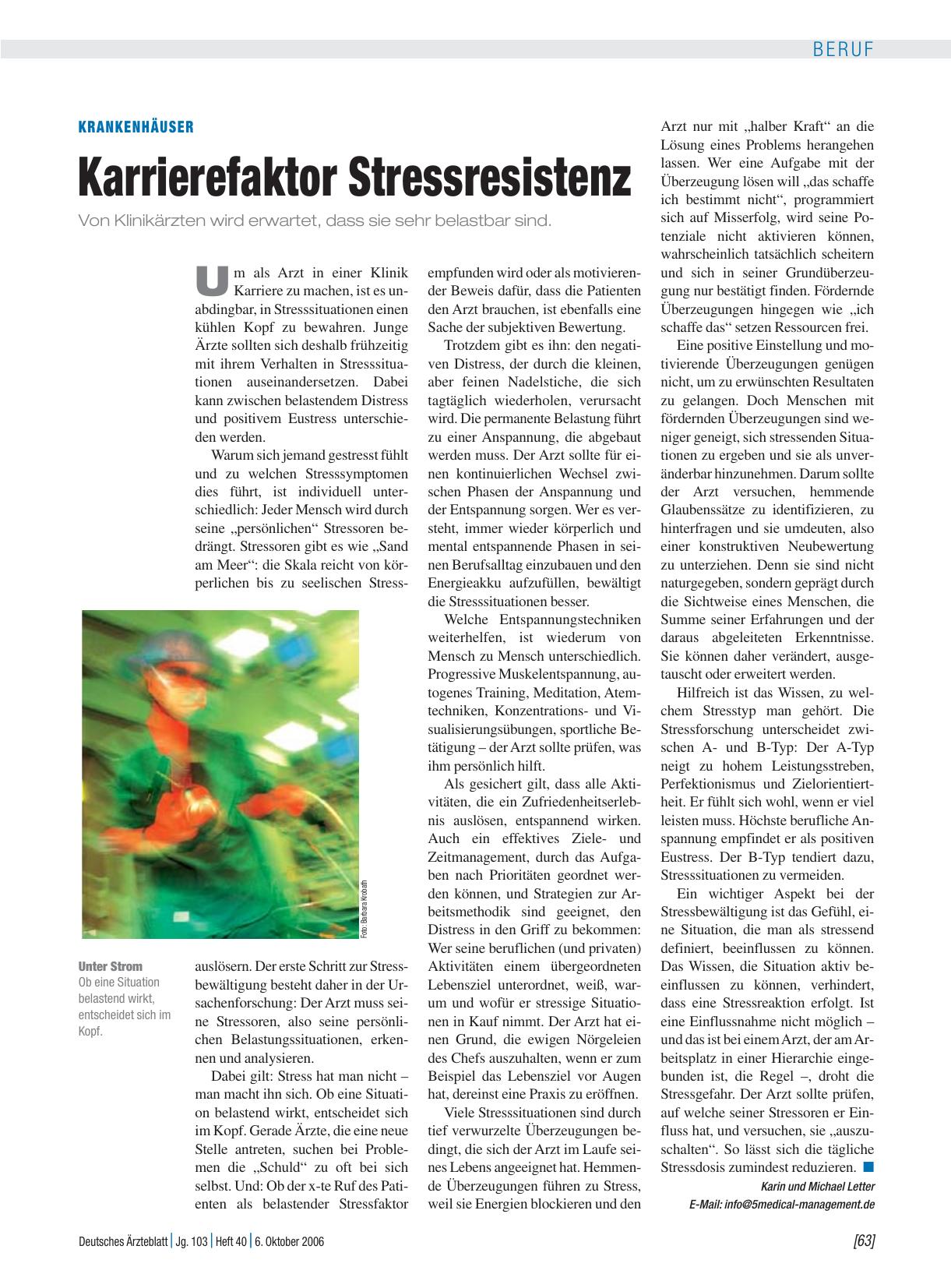 Vorschauseite 1: Krankenhäuser: Karrierefaktor Stressresistenz
