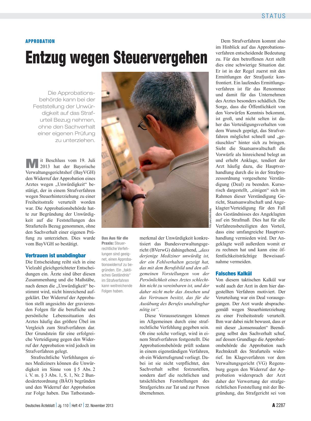 Vorschauseite 1: Approbation: Entzug wegen Steuervergehen