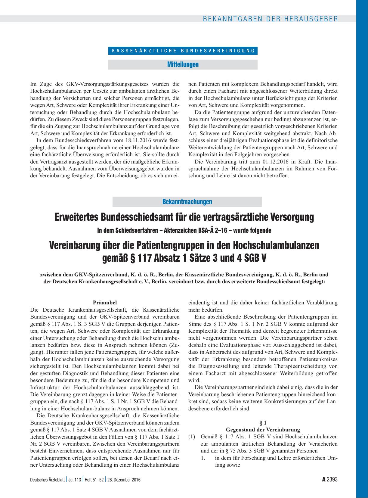 Vorschauseite 1: Erweitertes Bundesschiedsamt für die vertragsärztliche Versorgung: In dem Schiedsverfahren – Aktenzeichen BSA-Ä 2 – 16 – wurde folgende Vereinbarung über die Patientengruppen in d…