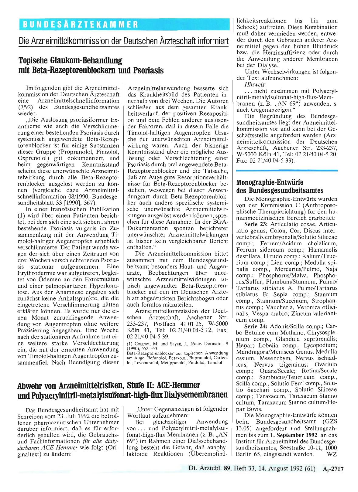 Vorschauseite 1: Monographie-Entwürfe des Bundesgesundheitsamtes