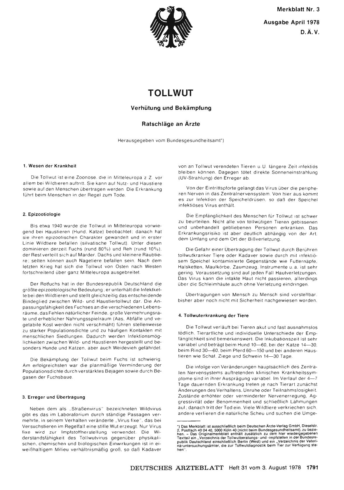Vorschauseite 1: Merkblatt Nr. 3: TOLLWUT: Verhütung und Bekämpfung, Ratschläge an Ärzte